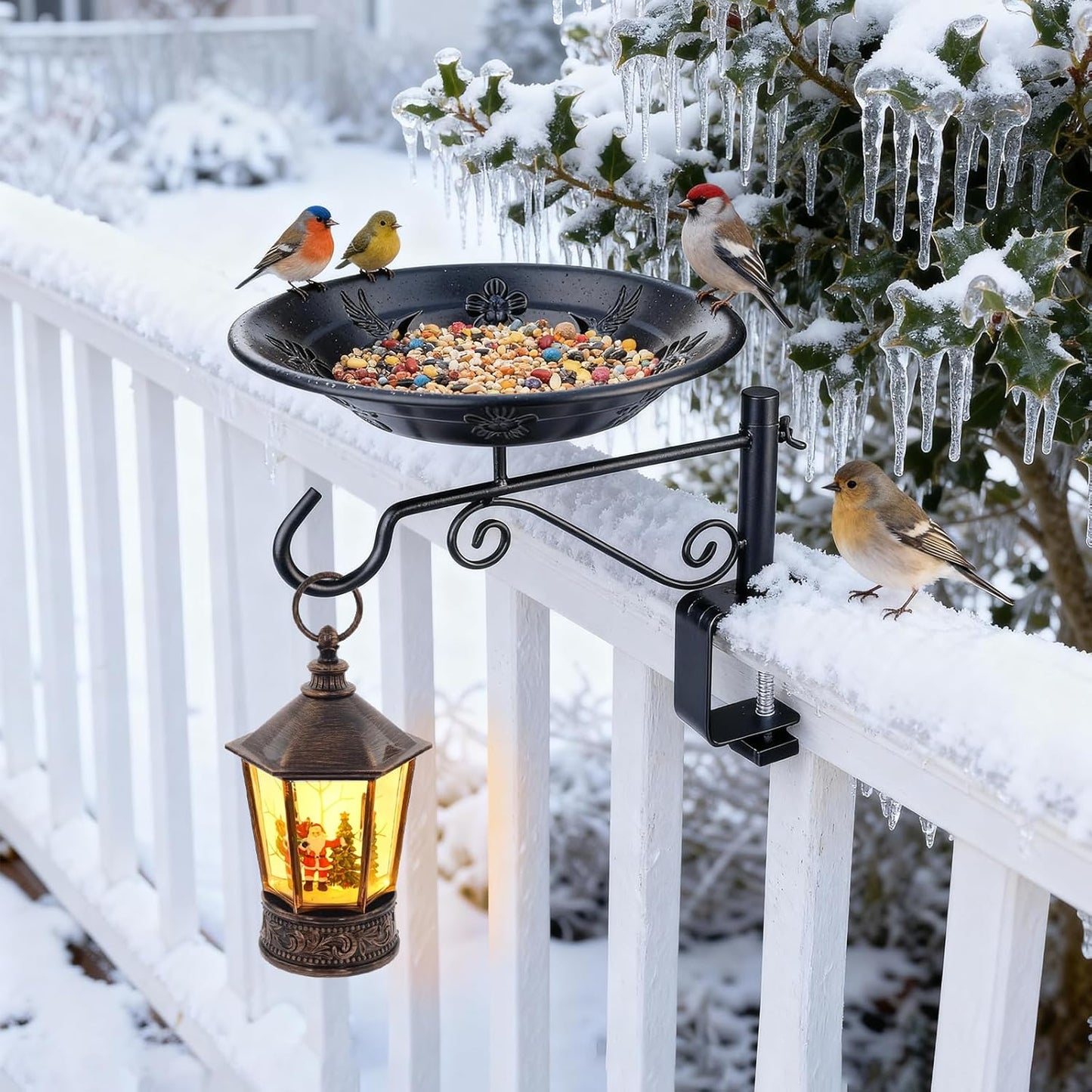 Balcony Bird Feeder, BOLITE Hanging Bird Bath Outdoors Deck Mounted with Garden Decorative Hook for Hanging Planters, Lanterns, Wind Chimes, Gifts for Women Men