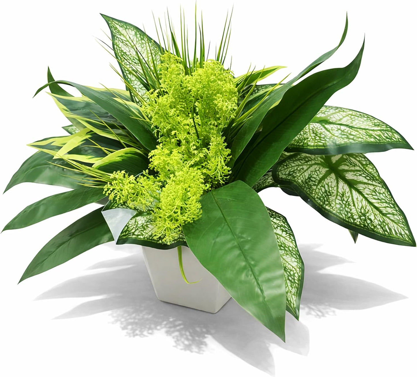 Artificial Plants, Green Foliage Arrangement with Planter Pot, UV Resistant Plastic, 15x11x4 Inches, Outdoor Patio Decoration