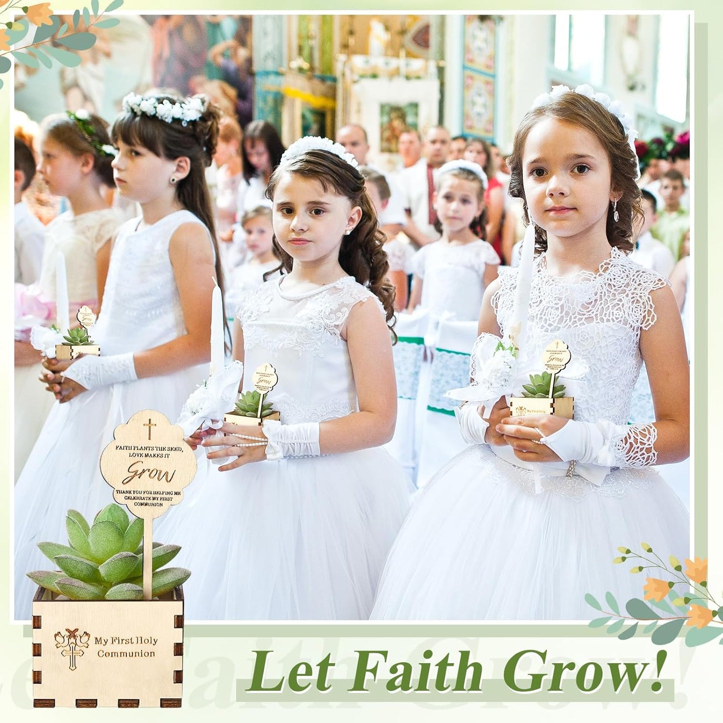 40 Sets First Holy Communion Mini Succulent Pots Plant Labels Wood Planter Pot Small Unfinished Planter First Communion Favors Decorations Holy Communion Gifts Baptism Gifts Let Faith Grow