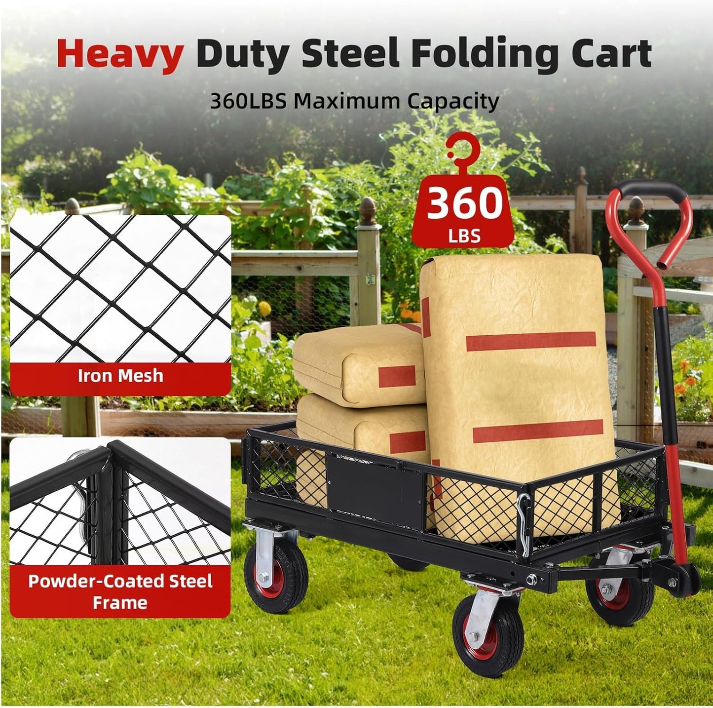 360 Lbs Steel Garden Folding Wagon Cart Heavy Duty with 180° Rotating 