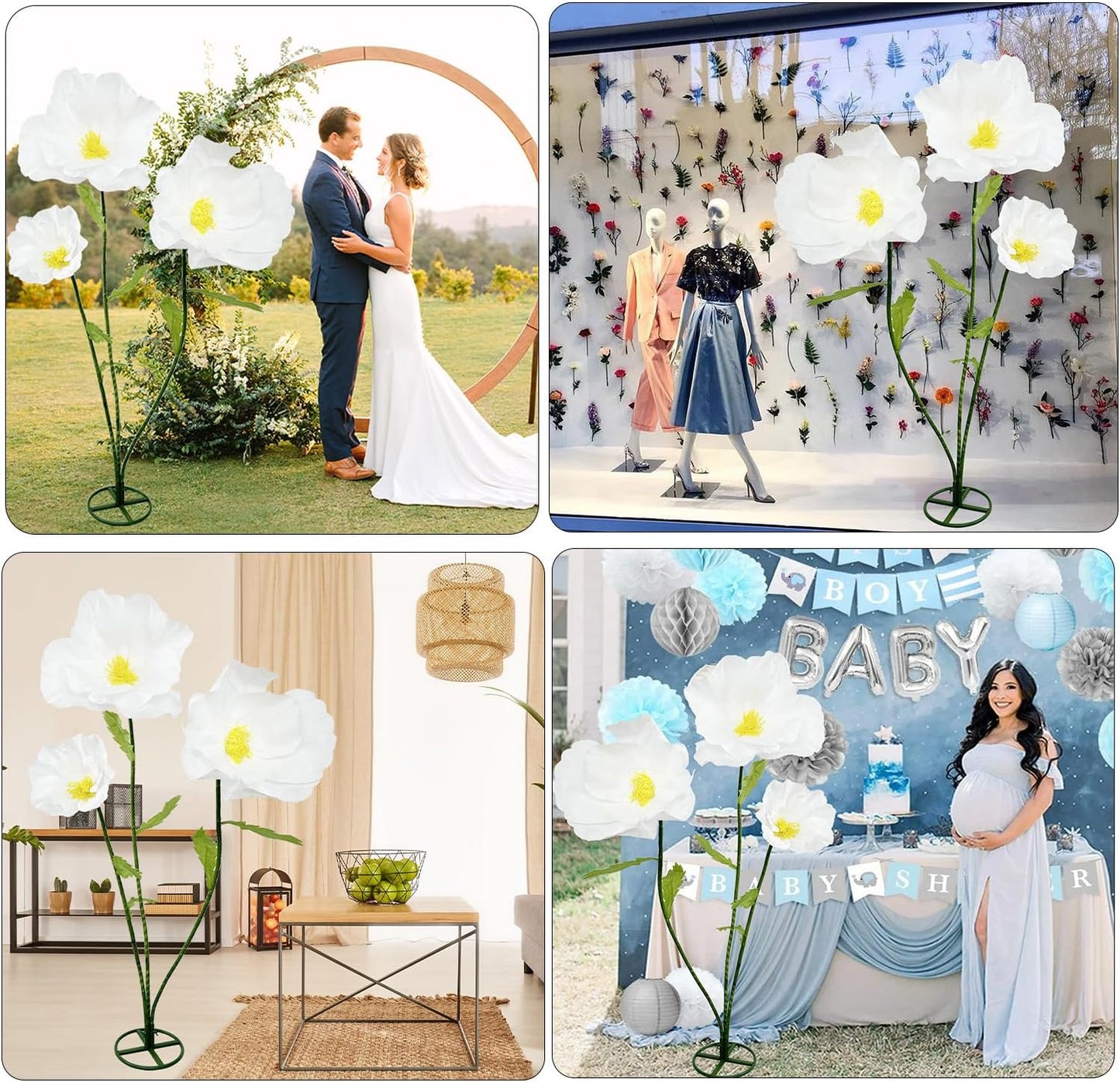 3Pcs Giant Artificial Flowers 3D Decorations Flower with Stand Base, Indoor Outdoor Art Home Decorative for Wedding Reception Arrangement Birthday Party Bridal Shower Baby Shower (White)