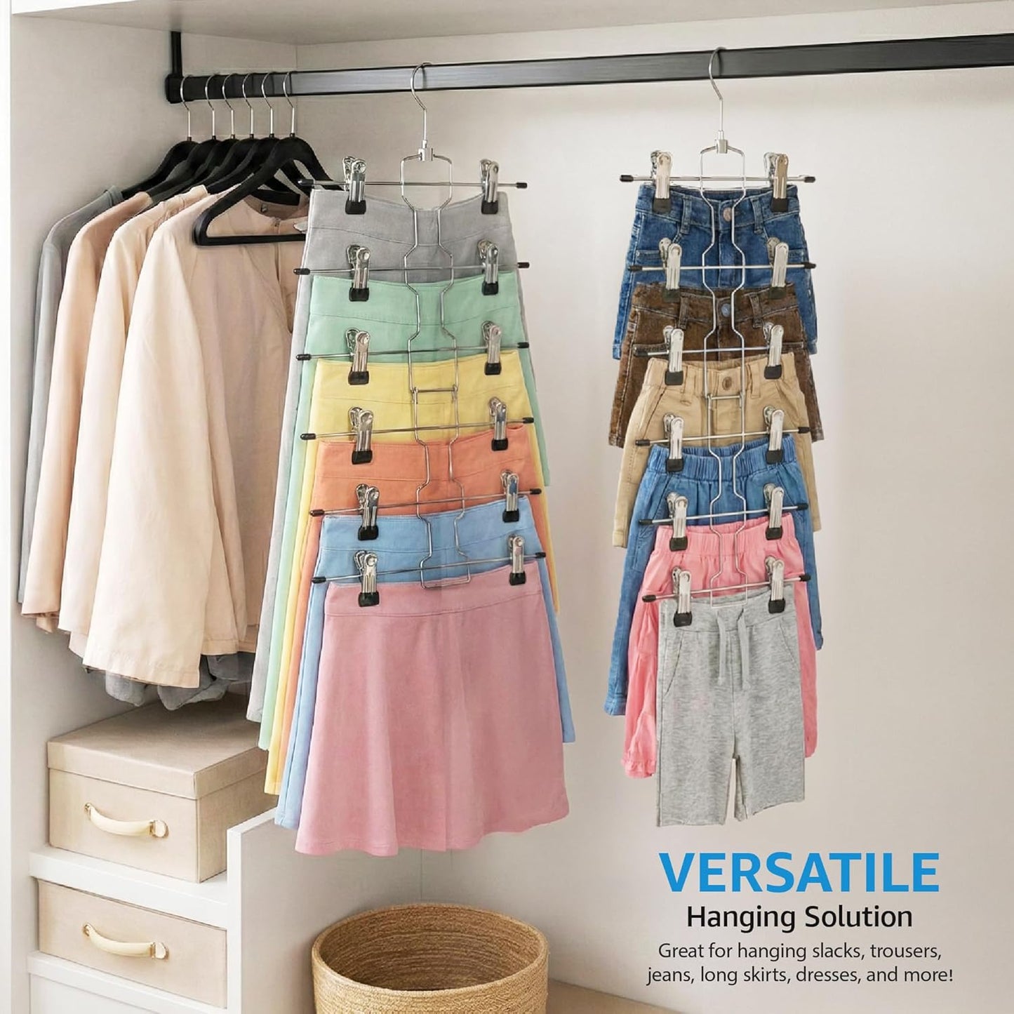 ZOBER 3-Pack 6-Tier Skirt Hangers with Clips - Pants Hangers with Clips Space Saving, Closet Organization, Swivel Hooks, College Dorm Essentials, Skirt Hangers for Women, Jeans Organizer for Closet