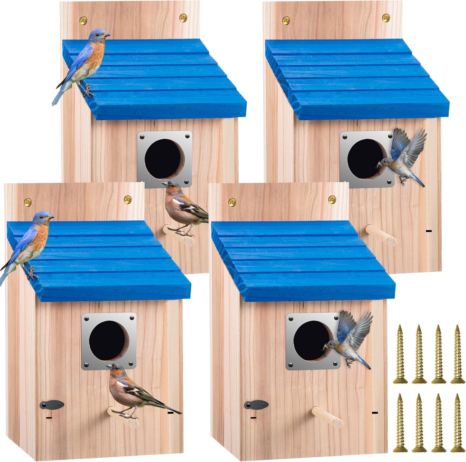 Dreyoo 4 Pack Cedar Bluebird Box Houses for Outside, 1-1/2'' Entrance 