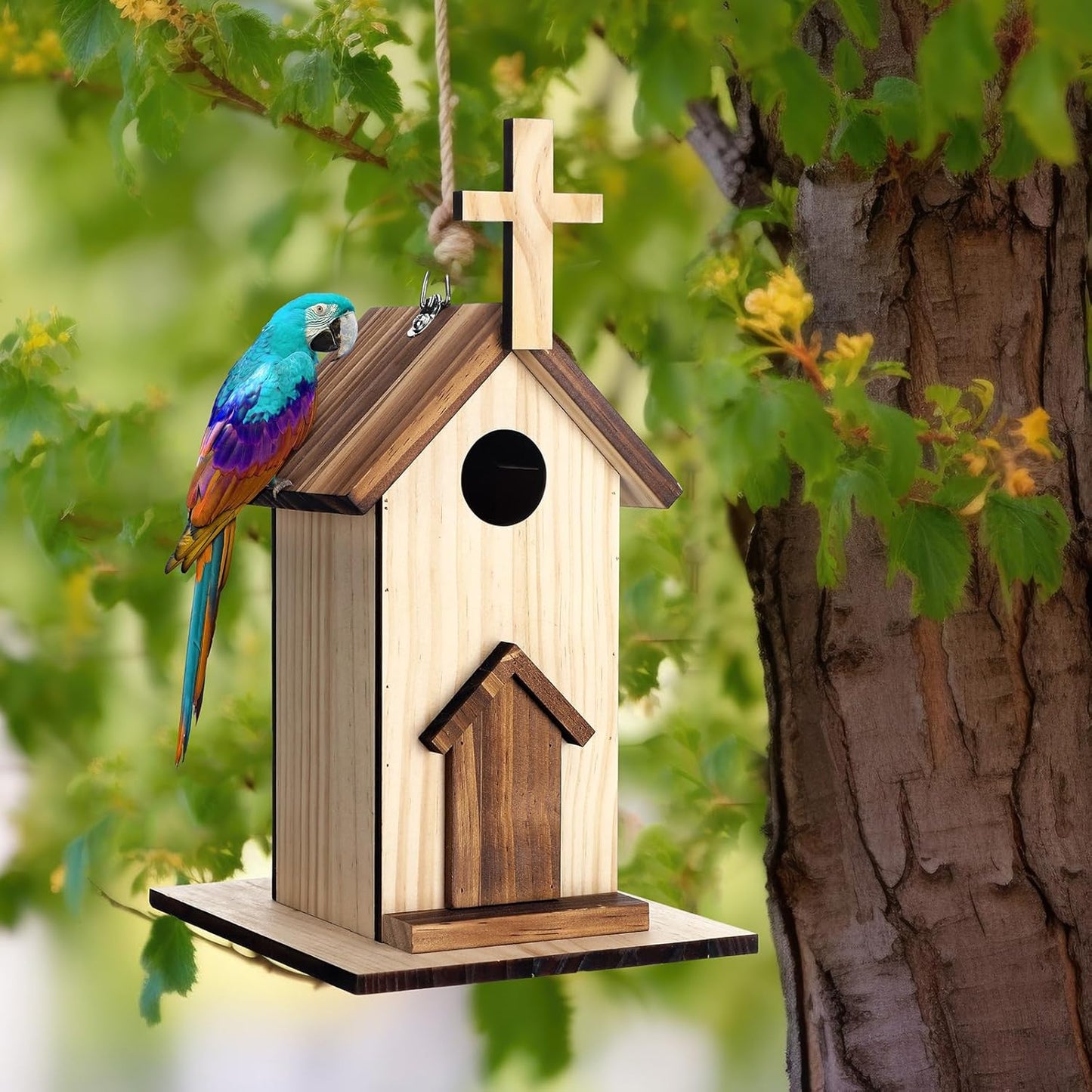 Leinuosen 2 Pcs Birdhouse Outdoor Hanging Wooden Church Birdhouse Cros