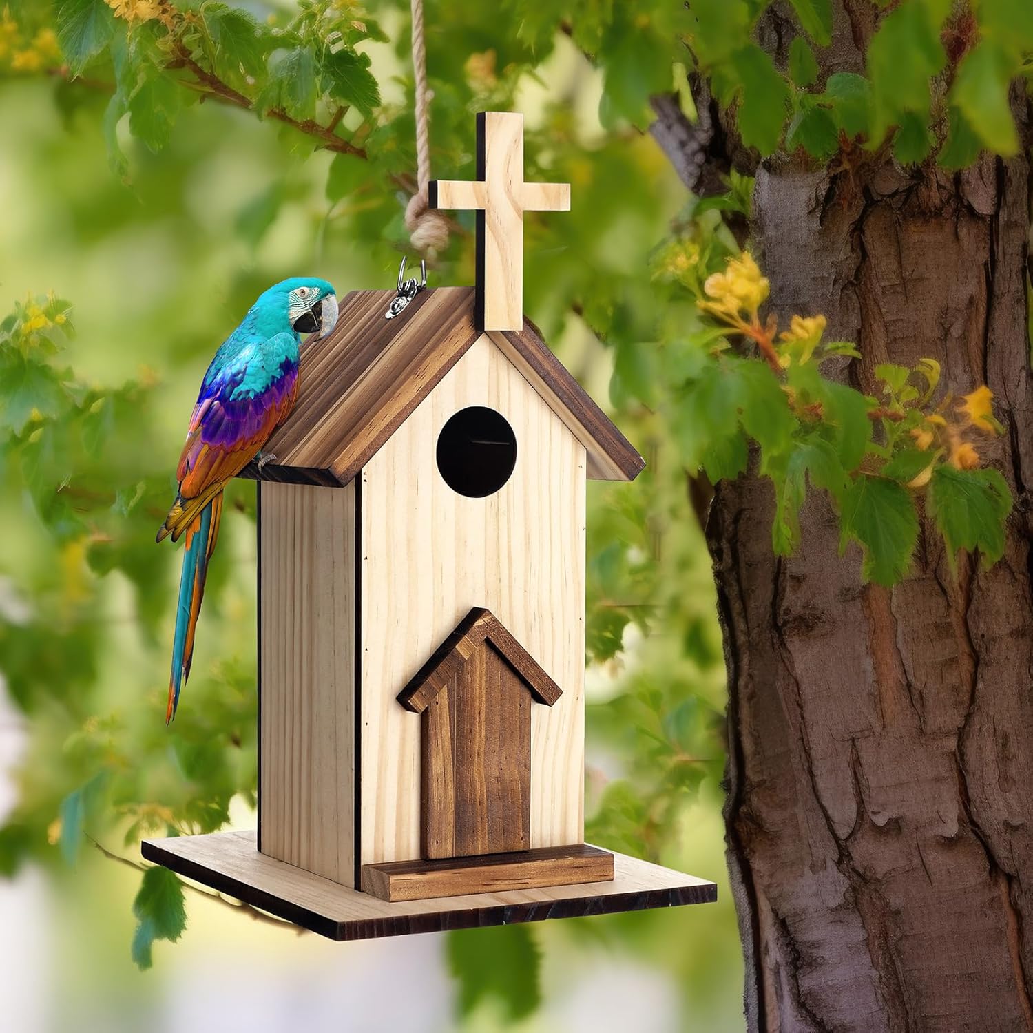 Leinuosen 2 Pcs Birdhouse Outdoor Hanging Wooden Church Birdhouse Cros