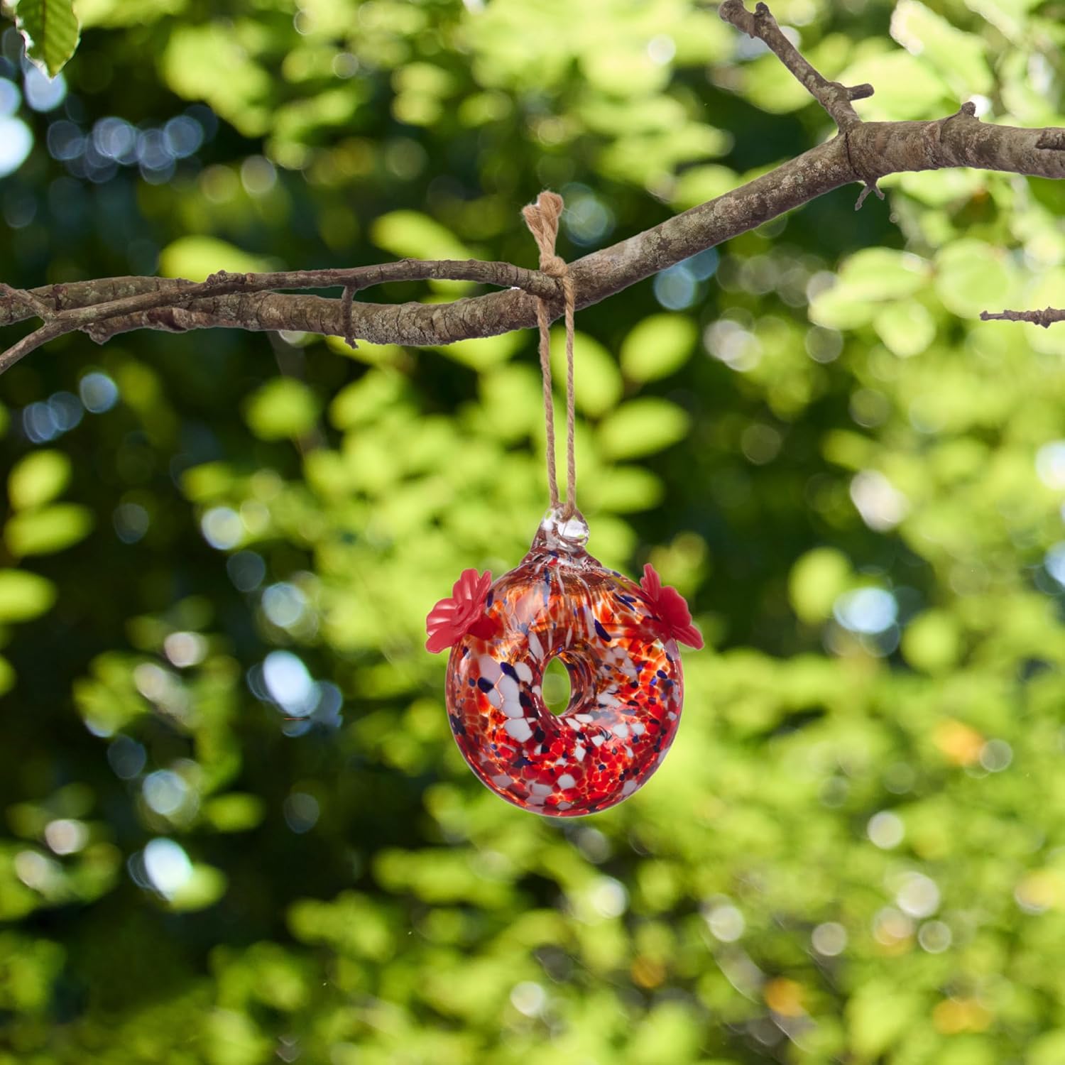 Red Carpet Studios Hummingbird Feeder Hand-Blown Art Glass, Hanging Bi