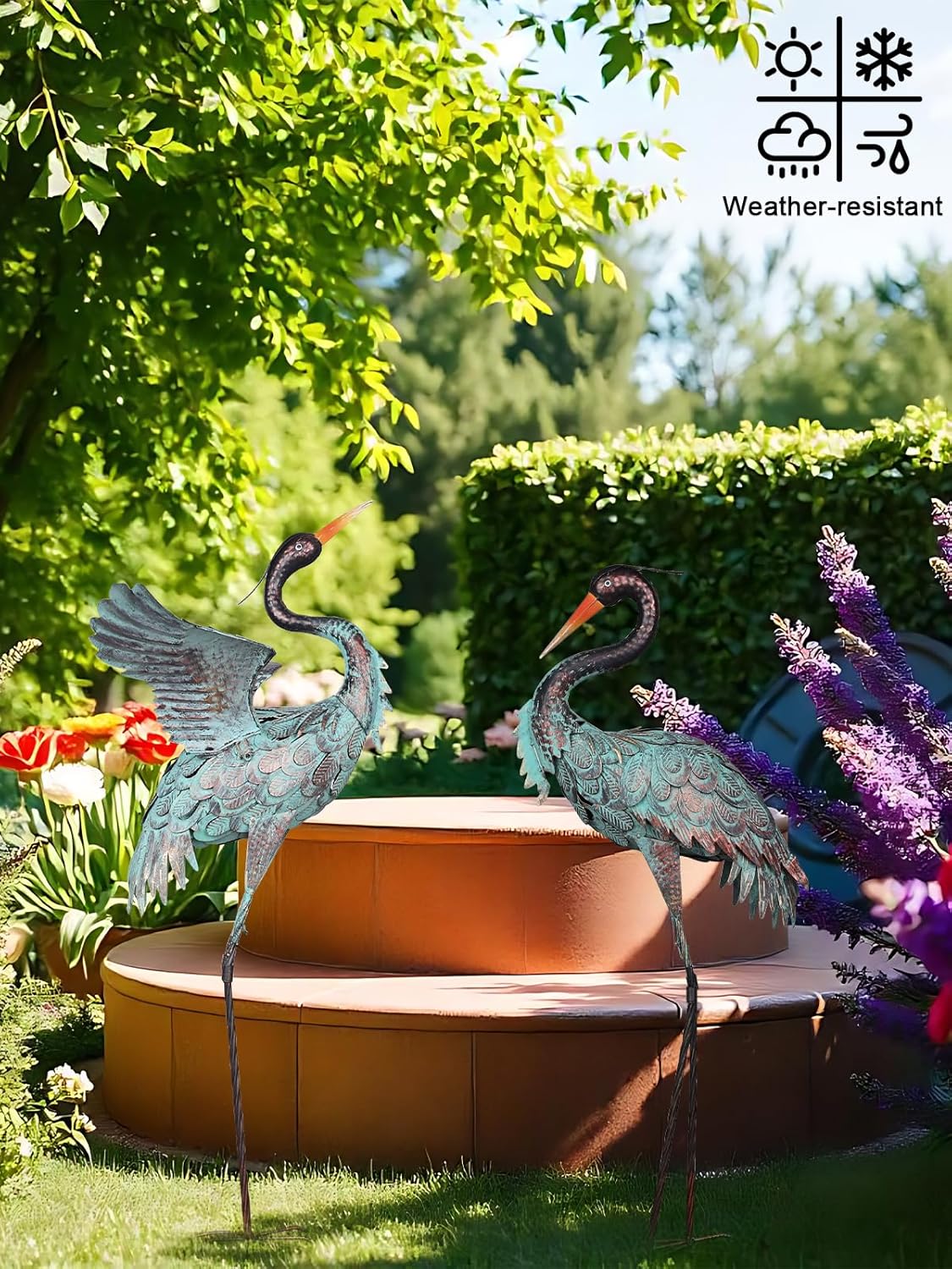 YEAHOME Garden Decor Outdoor Statues, 38"/36" Large Metal Heron Standing Yard Art, Blue Crane Lawn Sculptures Garden Decor for Outside Patio Porch Backyard, Set of 2