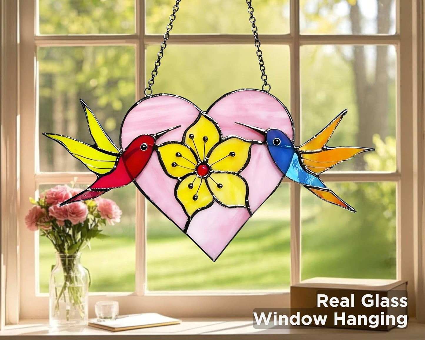 Pair of Hummingbirds Stained Glass Window Hanging - Gifts for Women, Mom, Grandma, Mother - Handmade Real Glass Birds Suncatcher - Elegant Gifts Box Heart Figure Home Decor (H4.4xW8.7 Inch)