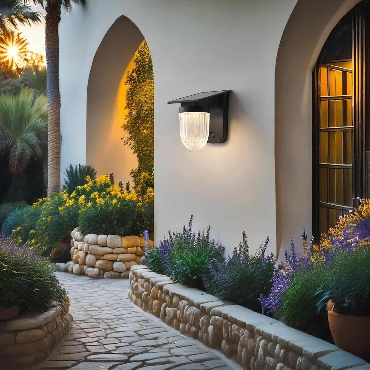 Solar Wall Light, Outdoor Wall Sconce, Wall Lamp, IP65 Black ABS PC with Ribbed Shade, Rechargeable 3 Color LED for Garden Porch Deck Fence Villa Backyard Entryway Gate Home Cottage