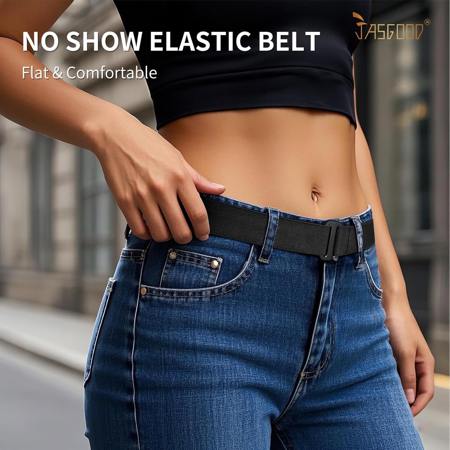 JASGOOD Women No Show Stretch Belt Elastic Web Strap Belt with Flat Bu