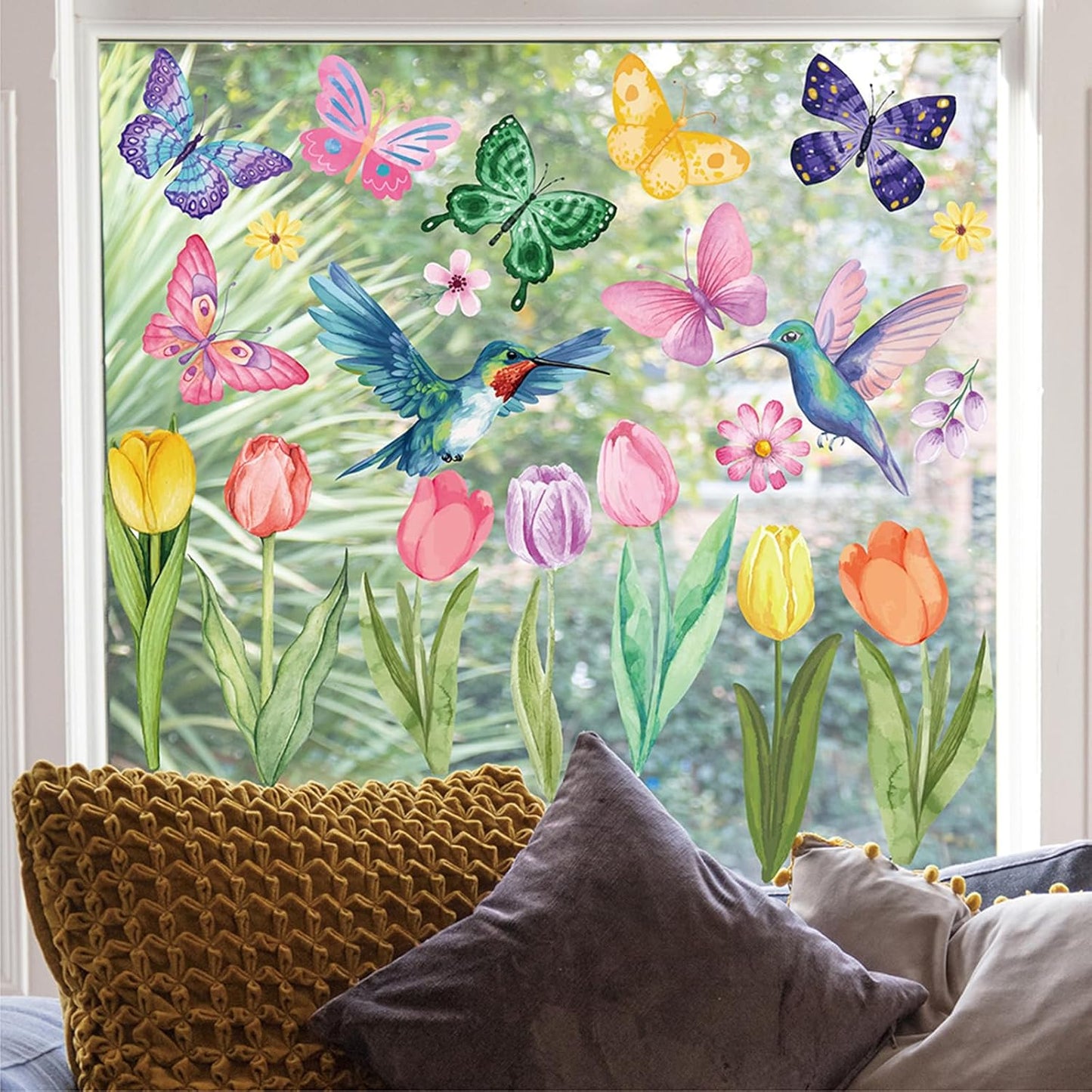 83 PCS Window Clings Spring Flower Window Stickers Decorations for Glass Windows, Easter Tulip Butterfly Flower Window Decals