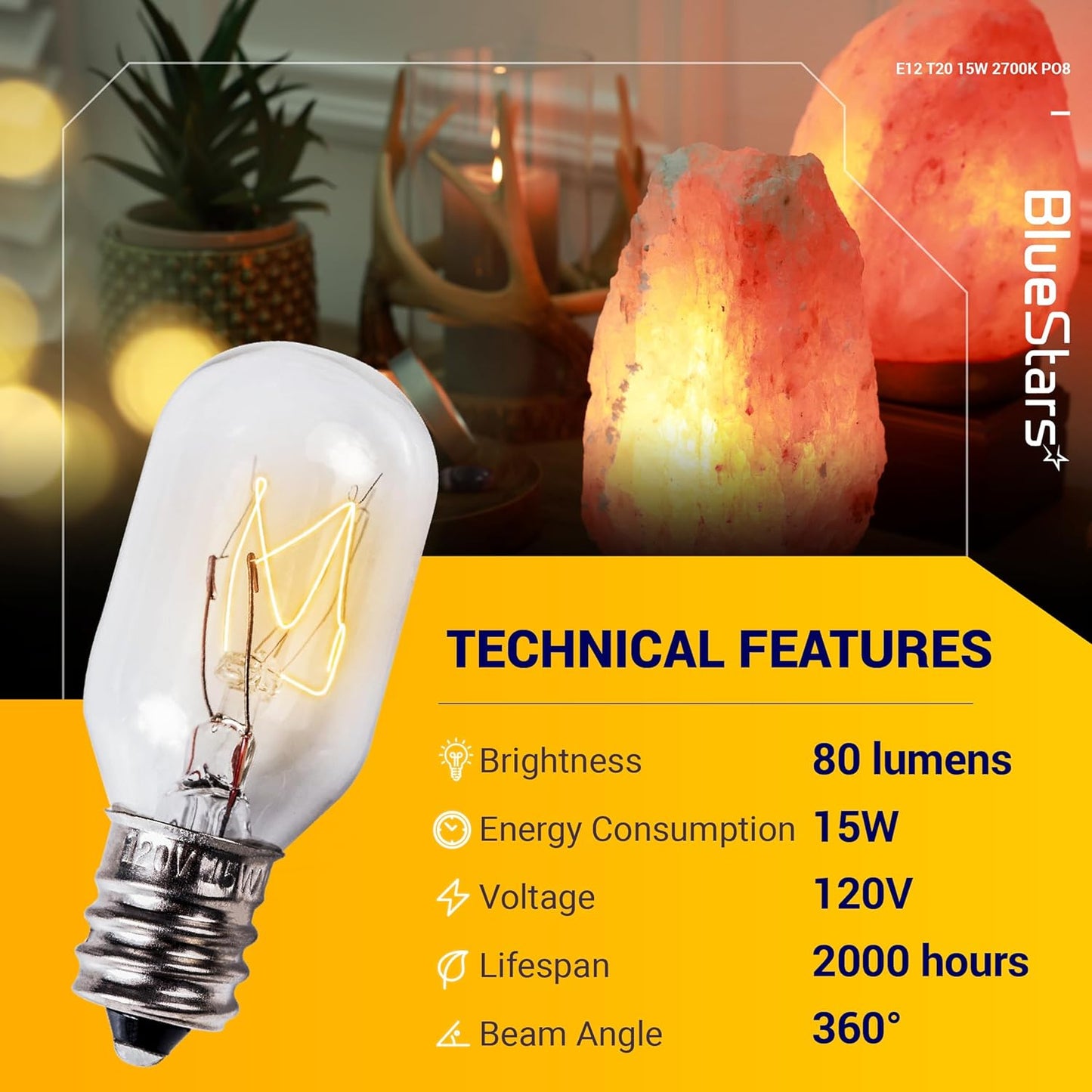 BlueStars E12 T20 Salt Lamp Bulb 120V 15W, 2700K Warm White, E12 Candelabra Base for Himalayan Salt Rock Lamps & Baskets, Scentsy Plug-in Wax Warmers, Night Lights - Pack of 8