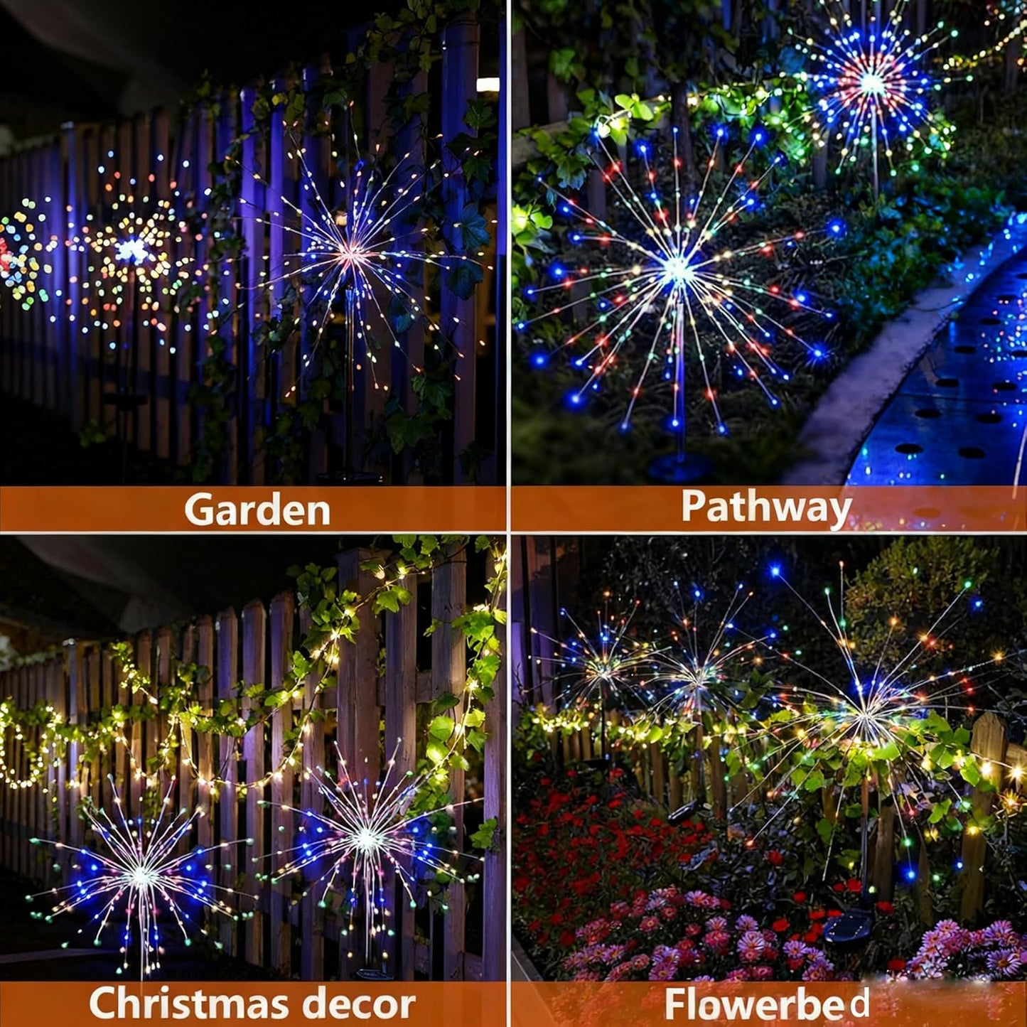 4 Pack Solar Firework Lights, 200 LED Outdoor Waterproof Garden Decorative Lights, for Party, Home, Christmas Decoration (Warm Ligh)
