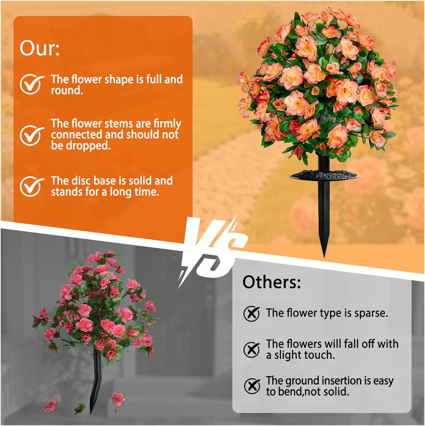 Artificial Flowers for Outdoors, Faux Outdoor Plants Fake Plants Topiary Balls Artificial Outdoor Set of 2 with Ground Spike for Home Front Porch Patio Garden Decor (Tangerine)