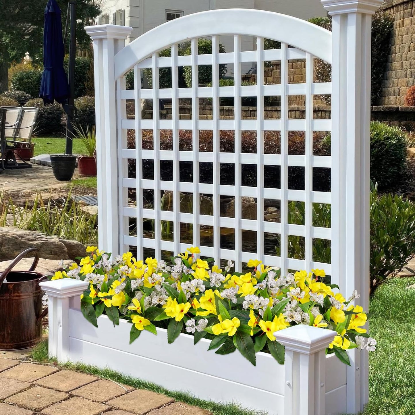 6 Pcs Artificial Flowers for Outdoors Impatiens Yellow Silk Violet Daisies Flowers Outside White UV Resistant Faux Impatiens Flowers for Outdoor Planters Pot Patio Hanging Basket Porch Decor