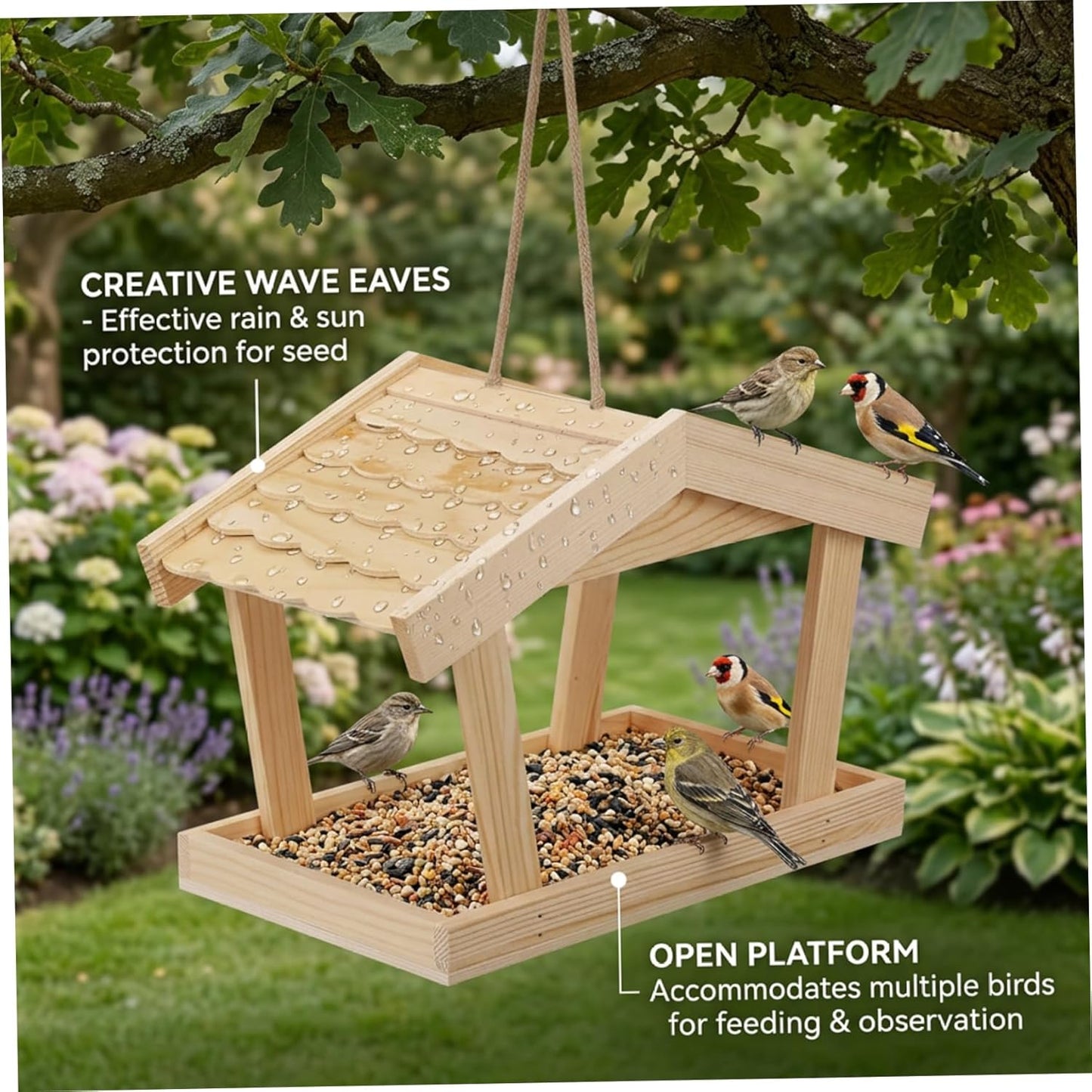 Hanging Bird Feeder, Natural Pine Wood Outdoor Bird House with Creative Roof, Seed Catcher for Wild Birds, 11.4x6.3x7.5 Inch.