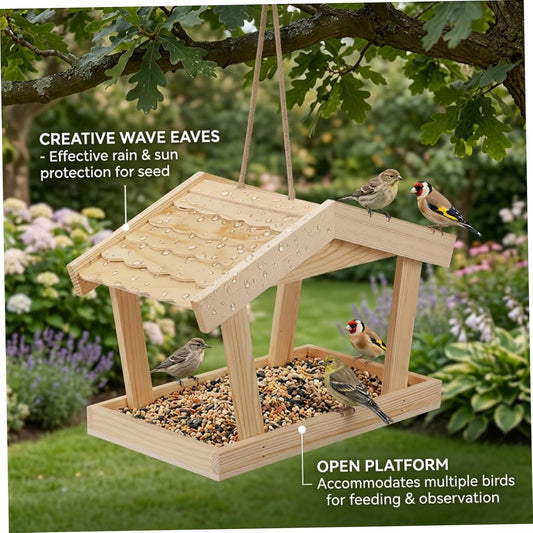 Hanging Bird Feeder, Natural Pine Wood Outdoor Bird House with Creative Roof, Seed Catcher for Wild Birds, 11.4x6.3x7.5 Inch.