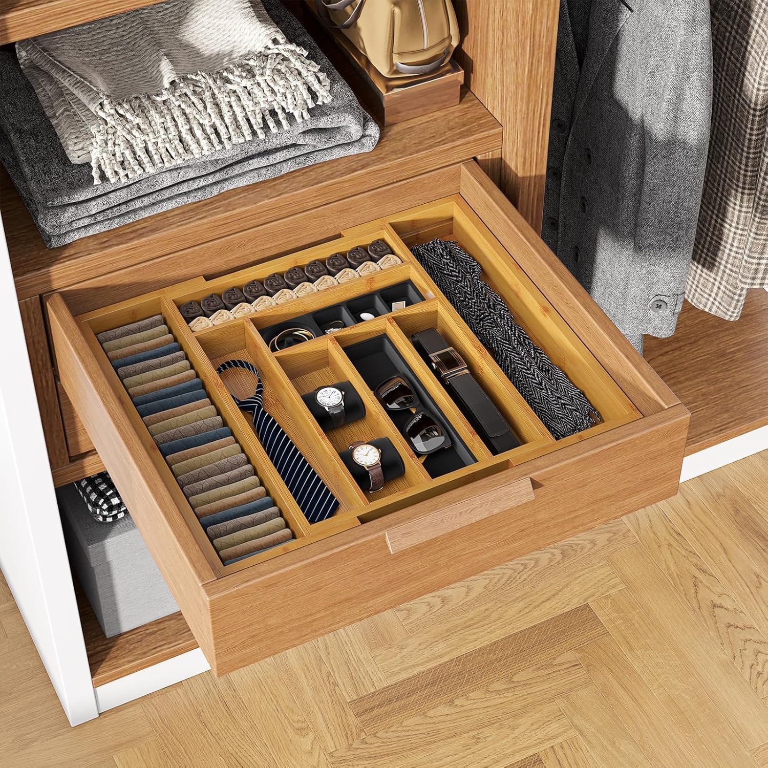 Pipishell Bamboo Expandable Silverware Drawer Organizer, Adjustable Ki