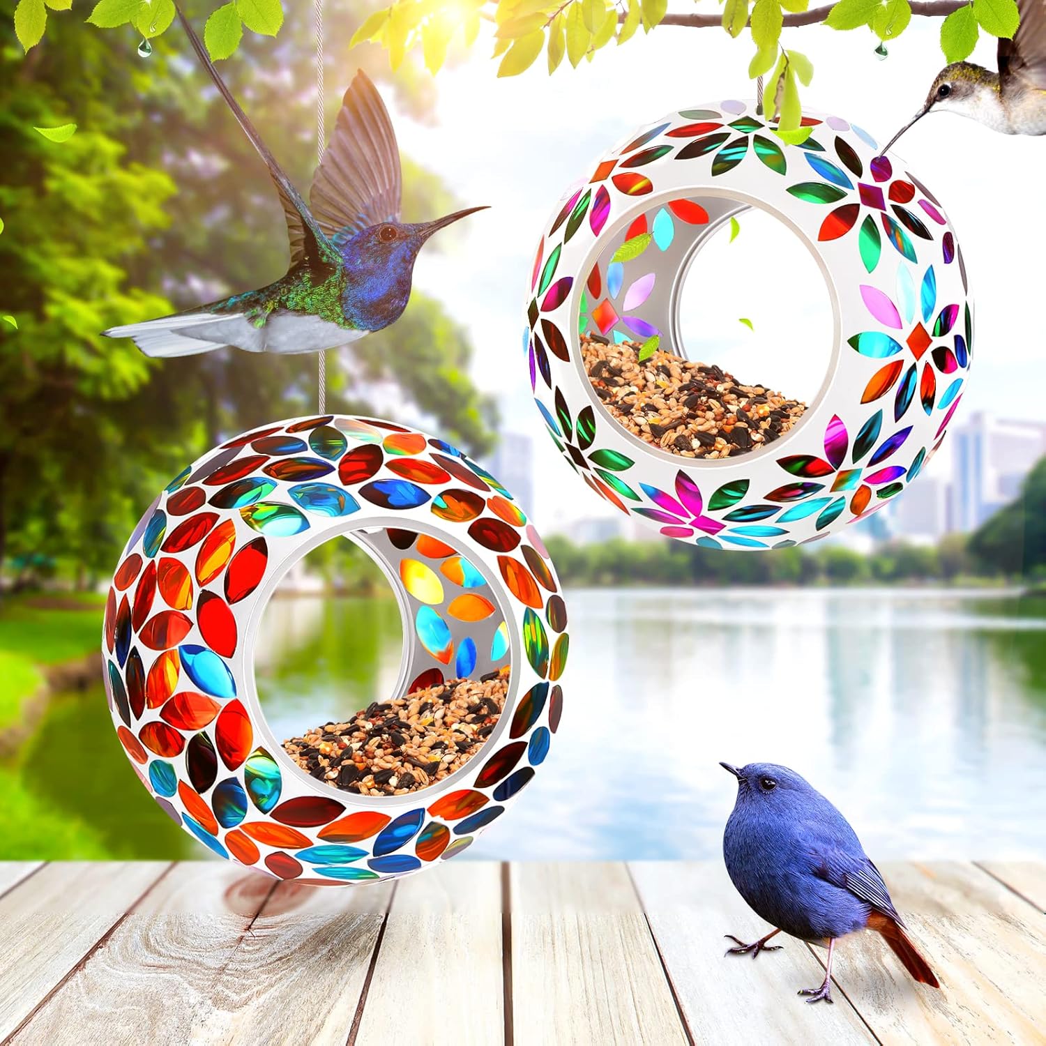 2 Pcs Mosaic Glass Hanging Bird Feeder Round Fly Through Balcony Bird 