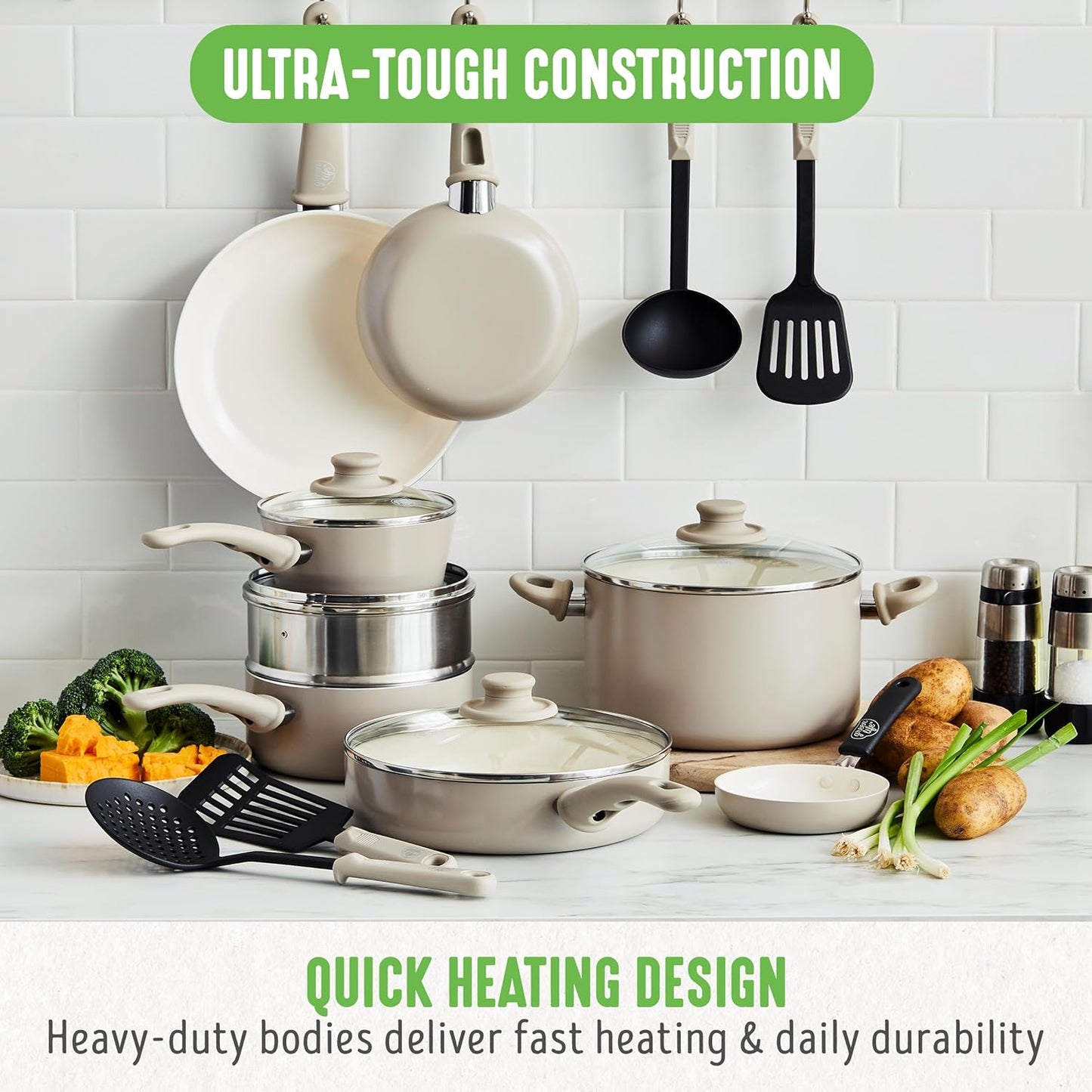 GreenLife 16 Piece Nonstick Cookware Set, Soft Grip Non-Toxic PFAS-Fre
