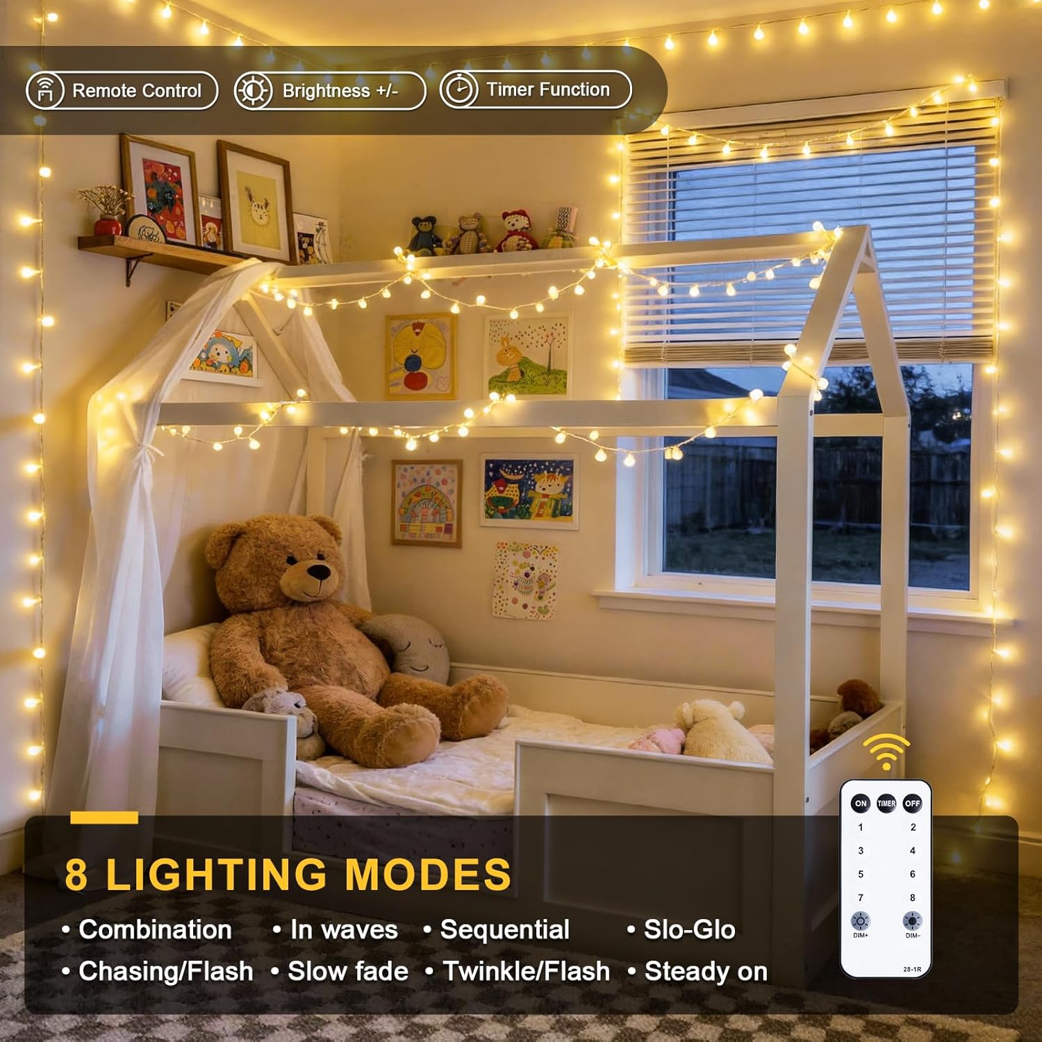 JMEXSUSS 100 LED Connectable Globe String Lights Indoor Bedroom, 33ft 