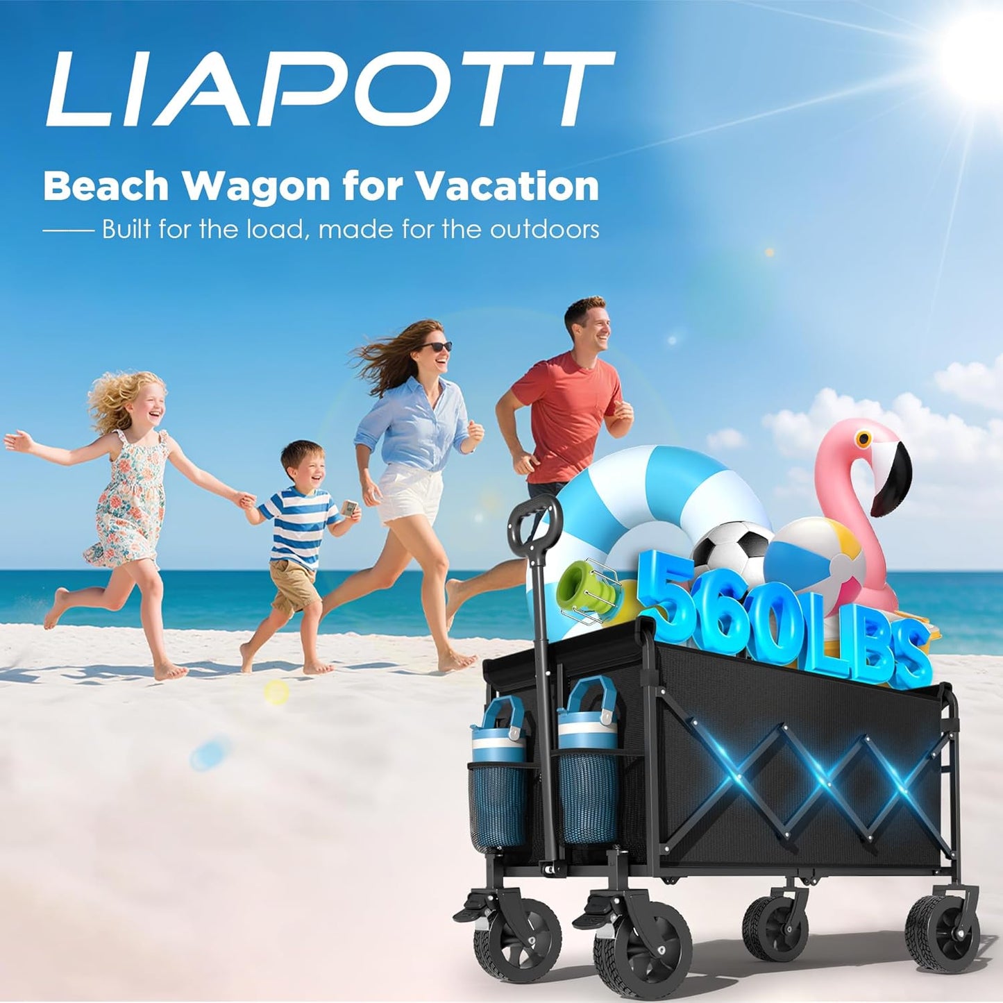 Wagons Carts Foldable, Beach Wagon with Brakes & All-Terrain Wheels 560LBS Capacity Collapsible Wagon for Trips, Outdoor Camping, Sports & Garden Use – Black