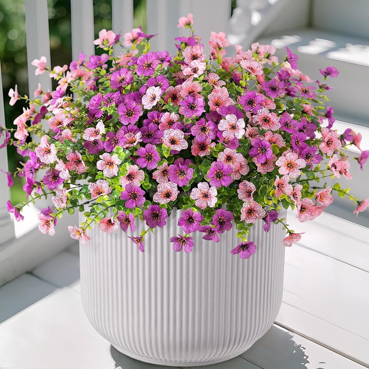 Artificial Fake Plants Flowers for Outdoor Spring Decor, 12 Bundles Faux Silk Mums for Planter Pot Colorful UV Resistant Look Real for Front Door Porch Patio Outside Yard(Purple Pink)