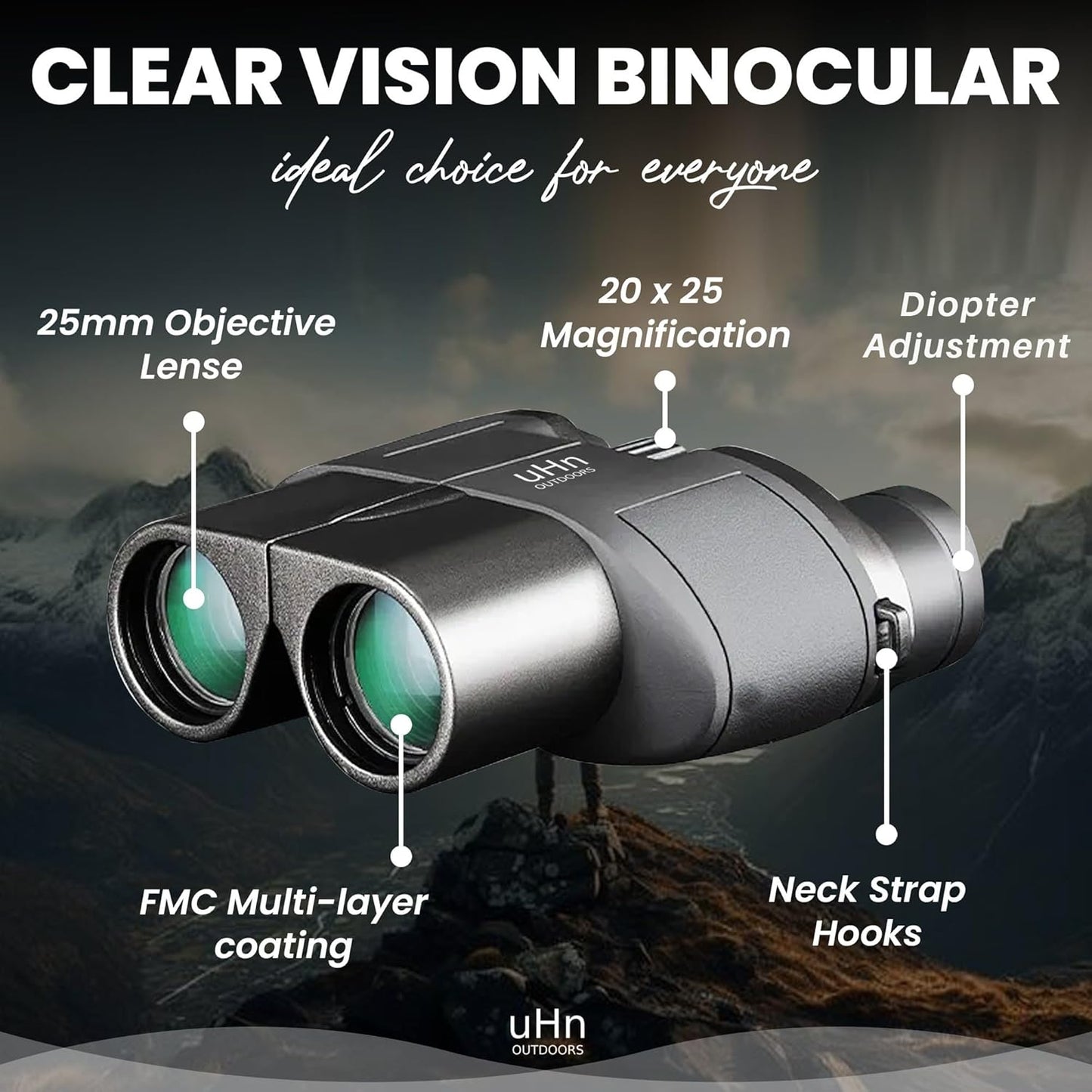 20x25 High Powered, HD Compact Binoculars for Adults and Kids, Unique Diopter Adjustment Feature, FMC Multi-Layer Coating, Perfect for Bird Watching, Hiking, Sightseeing & Live Events