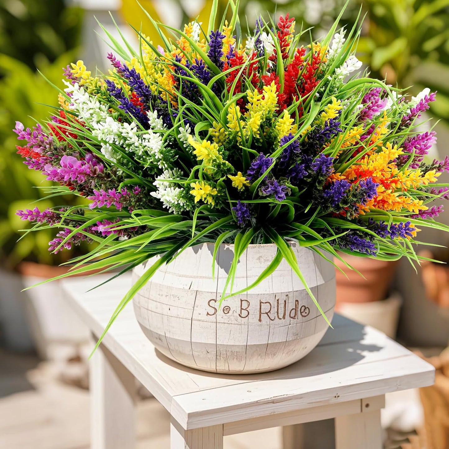 Geegoods Artificial Plants Flowers Outdoor – 24 Bundles UV Resistant Faux Lavender Flowers with Monkey Grass for Garden Porch Window Patio Hanging Planter Decor