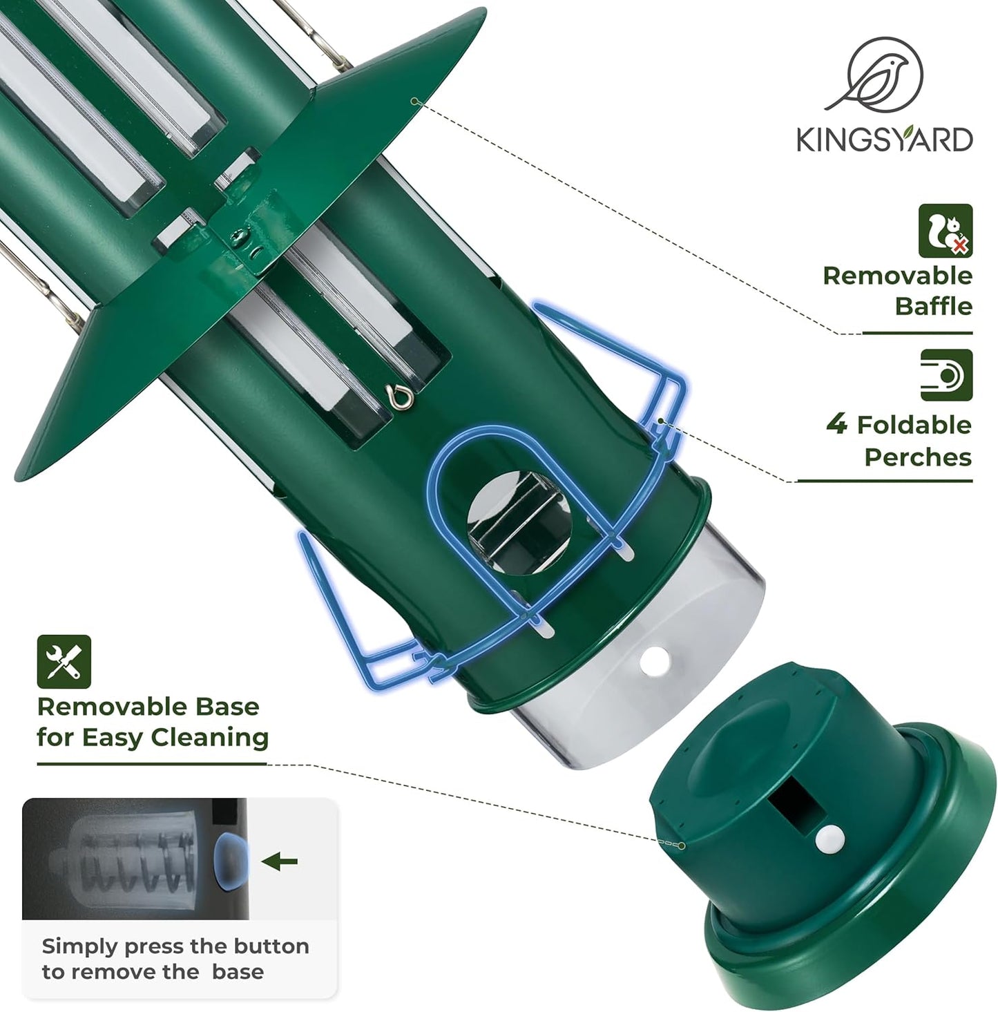 Kingsyard Squirrel Proof Bird Feeders with Weight-Activated Perches, Metal Wild Bird Feeder for Outdoors Hanging, 3 lb Large Seed Capacity, Green