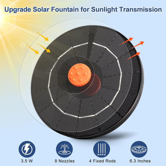 3.5W Solar Fountain, Upgrade Solar Water Fountain Pump Outdoor,Solar Bird Bath Fountains with 4 Fixed Rods & 8 Orange Nozzles for Bird Bath, Garden, Pond, Pool