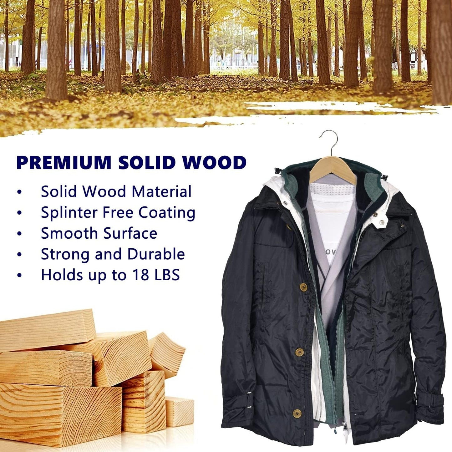 Amber Home 30 Pack Wooden Coat Hangers, Natural Wood Suit Hangers with