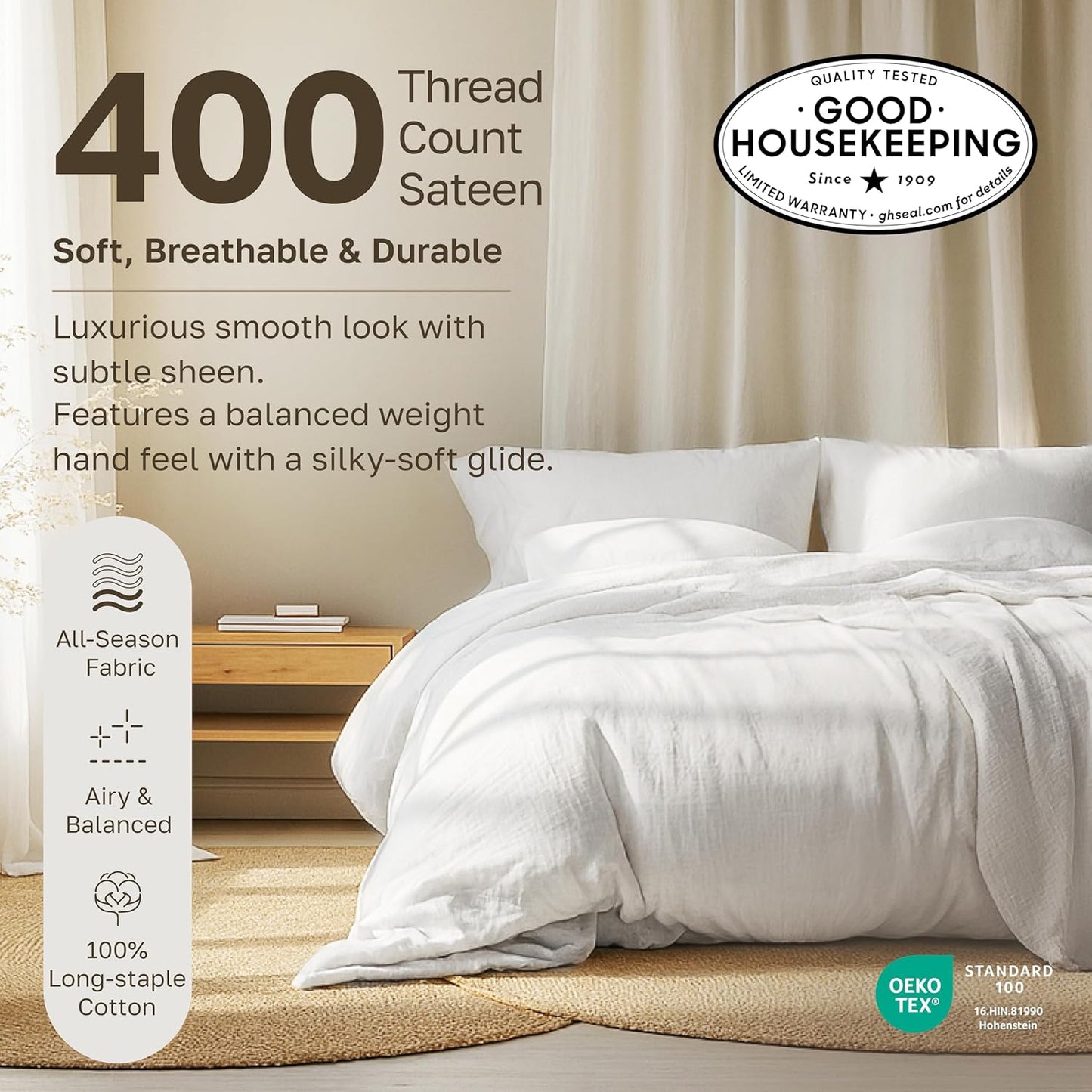 California Design Den Standard Queen Size Pillowcase Set - 400 Thread Count, 100% Cotton Sateen, Set of 2 Pillow Covers, Soft and Breathable - Bright White