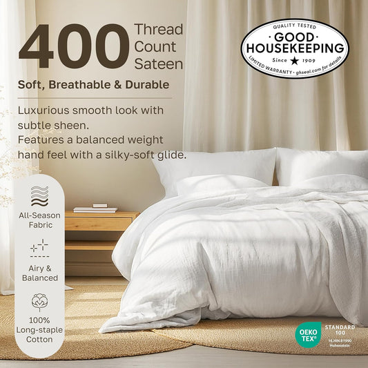 California Design Den Standard Queen Size Pillowcase Set - 400 Thread Count, 100% Cotton Sateen, Set of 2 Pillow Covers, Soft and Breathable - Bright White
