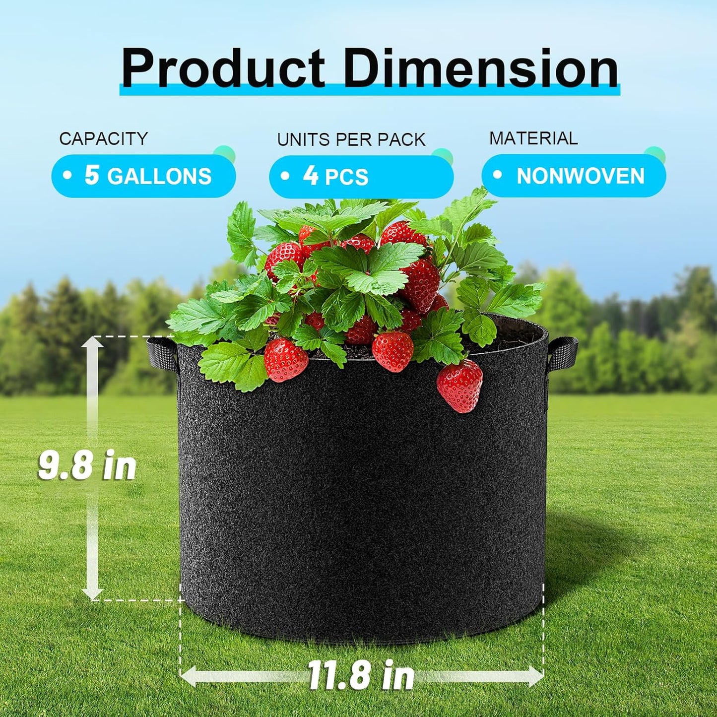 Land Guard 4-Pack Fabric Grow Bags 5 Gallon, Thickened Nonwoven Garden