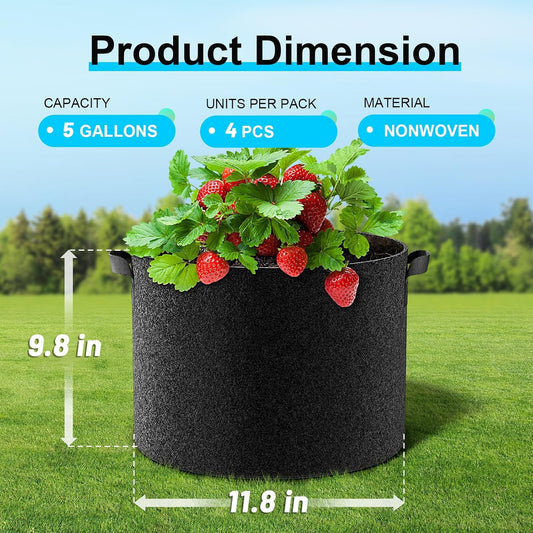 Land Guard 4-Pack Fabric Grow Bags 5 Gallon, Thickened Nonwoven Garden