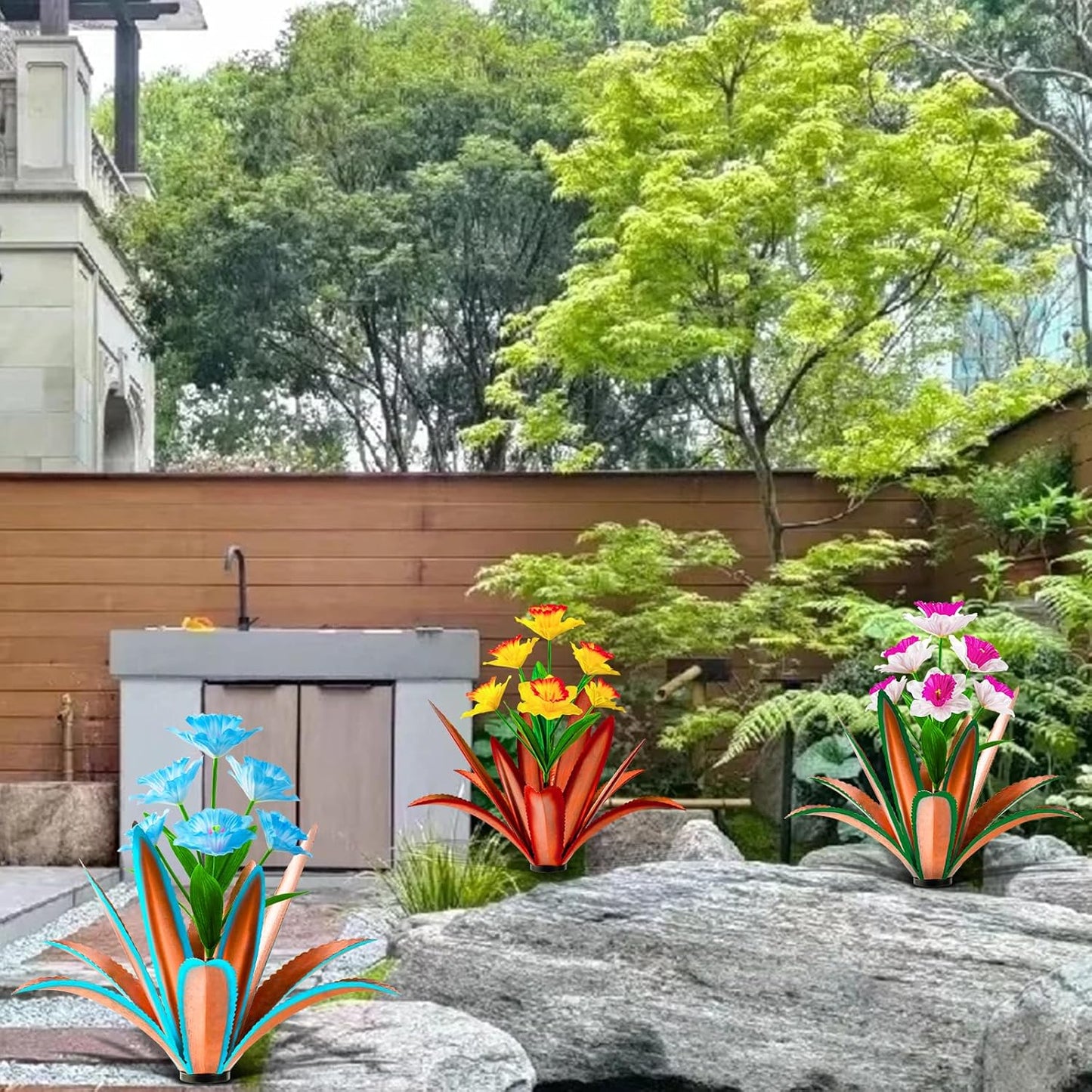 TOMBABY Huge Metal Agave Plants Outdoor Decoration Outdoor Garden Decorated with Flowers Mexican Yard Art Plant Garden Gift (Blue 1 Pack)
