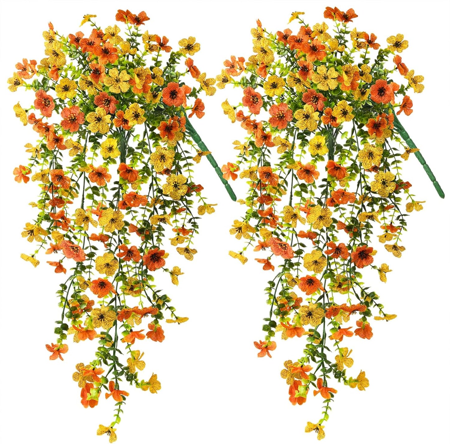 Artificial Hanging Flowers Plants for Outdoor Spring Summer Decoration,2PCS Faux Silk Daisy UV Resistant Look Real for Outside Home Indoor Planter Porch Garden Yard Decor(Yellow Orange)