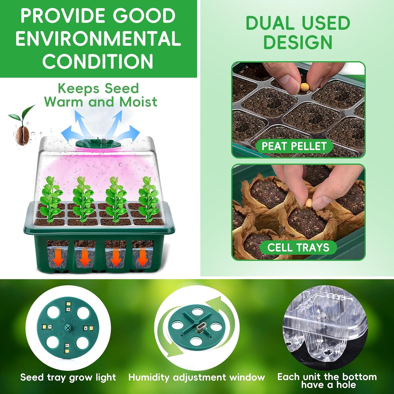 YAUNGEL Seed Starter Tray with Grow Light, 5 Pack Seed Starter Kit wit
