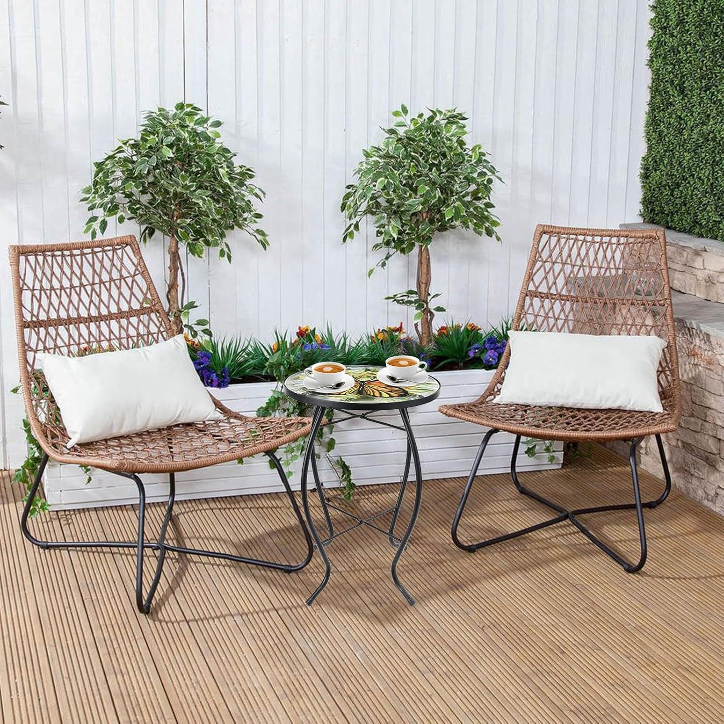 VCUTEKA Patio Side Table Outdoor Accent Table Small Mosaic Table Coffee Table End Table Porch Table Indoor Outdoor Round Glass Balcony Bistro Plant Stands Yellow Butterfly 14 inches