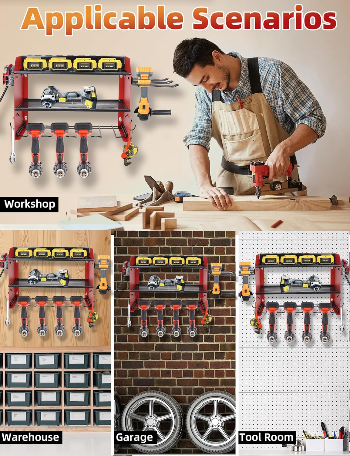 Power Tool Organizer wtih Charging Station，3 Layers Storage Rack with Screwdriver Rack 6 Drill Holders 8 Outlets Max Load 110lbs，for Workshop Garage Organizers and Storage Tool Battery Holder (Red)
