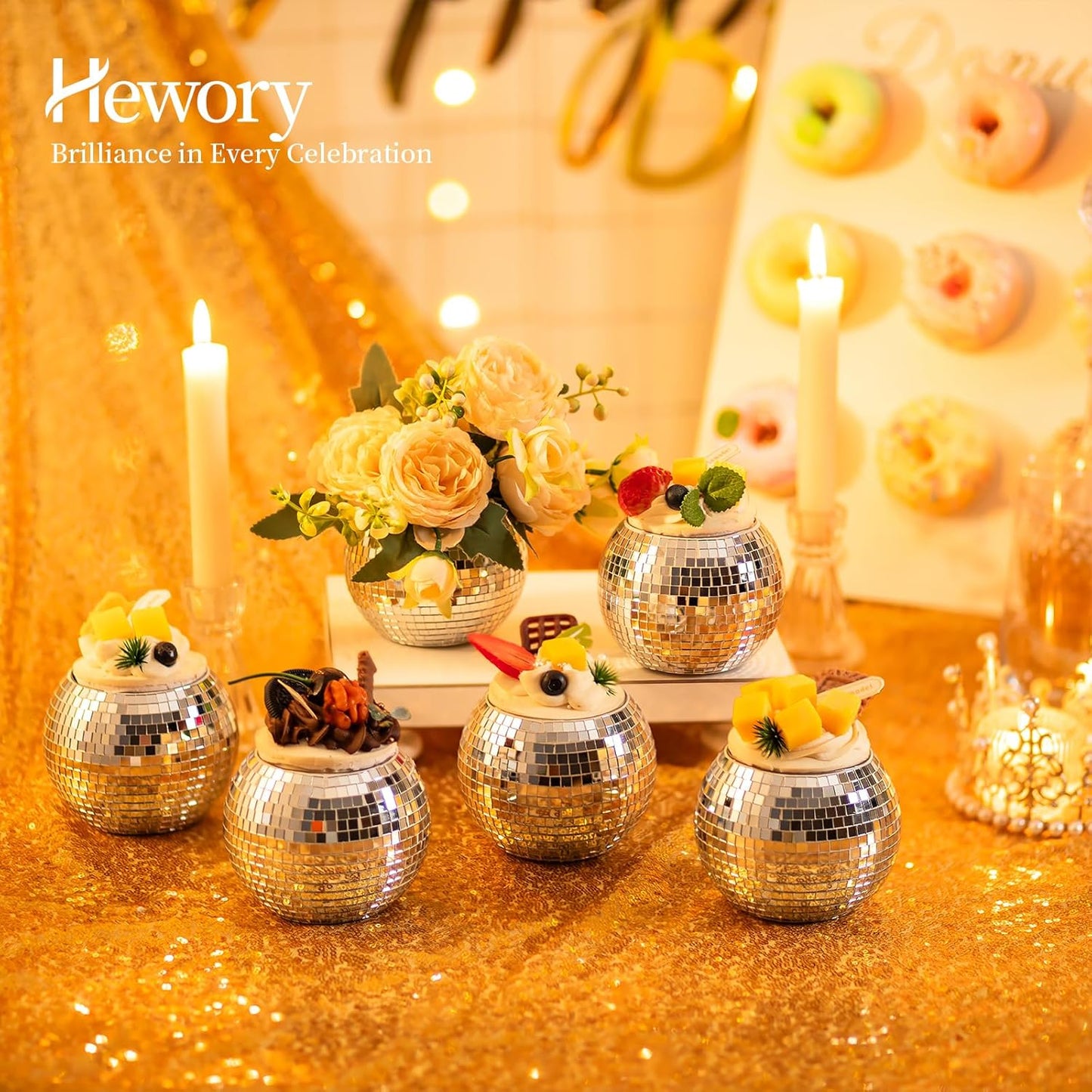 Disco Ball Vases for Table Centerpieces - Hewory 6pcs Silver Mirror Glass Planters Flower Pot Containers, Bulk Disco Balls Bowl Candle Holders for Wedding Bridal Shower Birthday Events Party Decor
