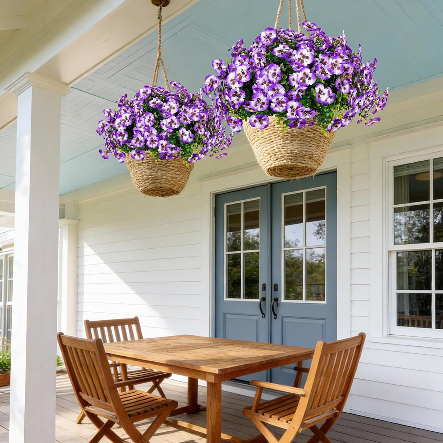 24 Pcs Artificial Fake Pansy Flowers for Outdoor,Faux Silk Plants Flowers UV Resistant Pansies Spring Flowers for Planter Front Door Porch Yard Patio garden Window Box Home Decor(Purple White)