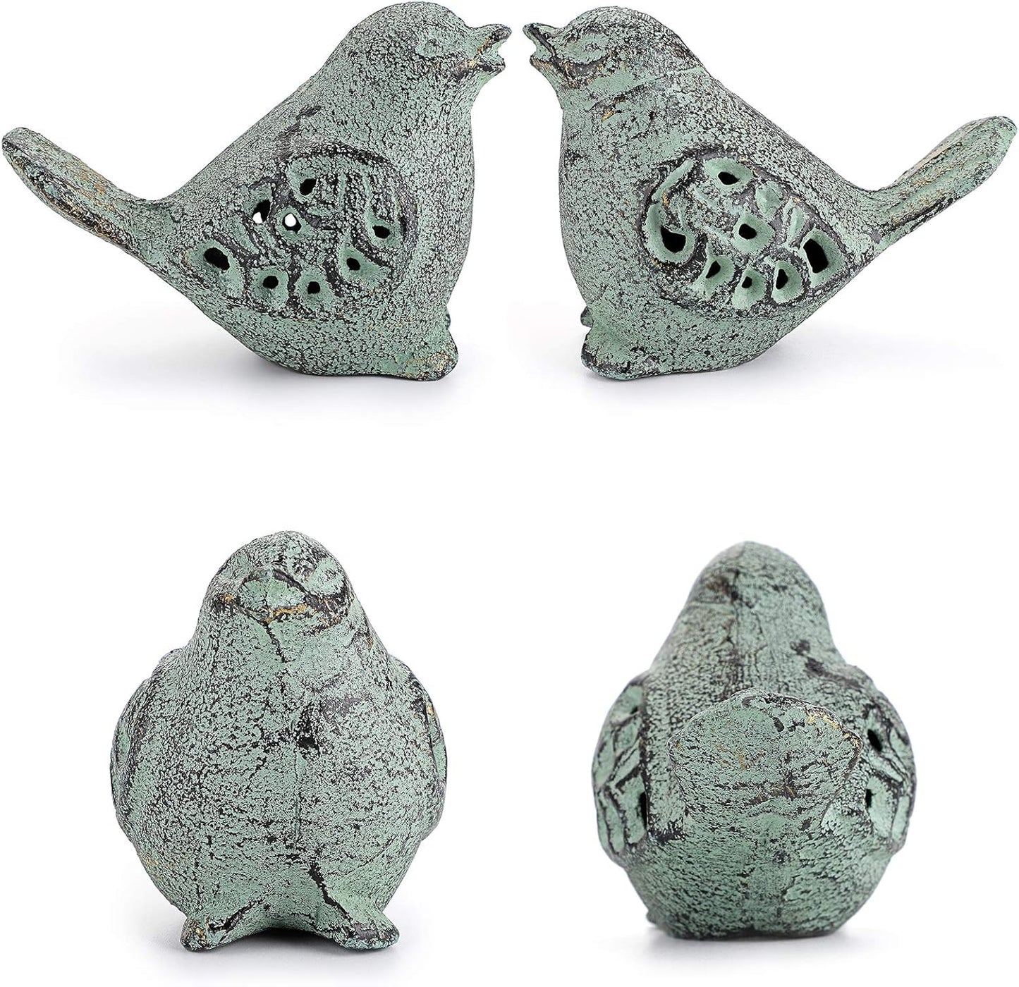 OwnMy 2PCS Cast Iron Green Bird Sculptures - Outdoor & Indoor Small Birds Statues, Hollow Carved Bird Figurines Ornaments Decorative Animal Figurines for Garden Patio Home Decors