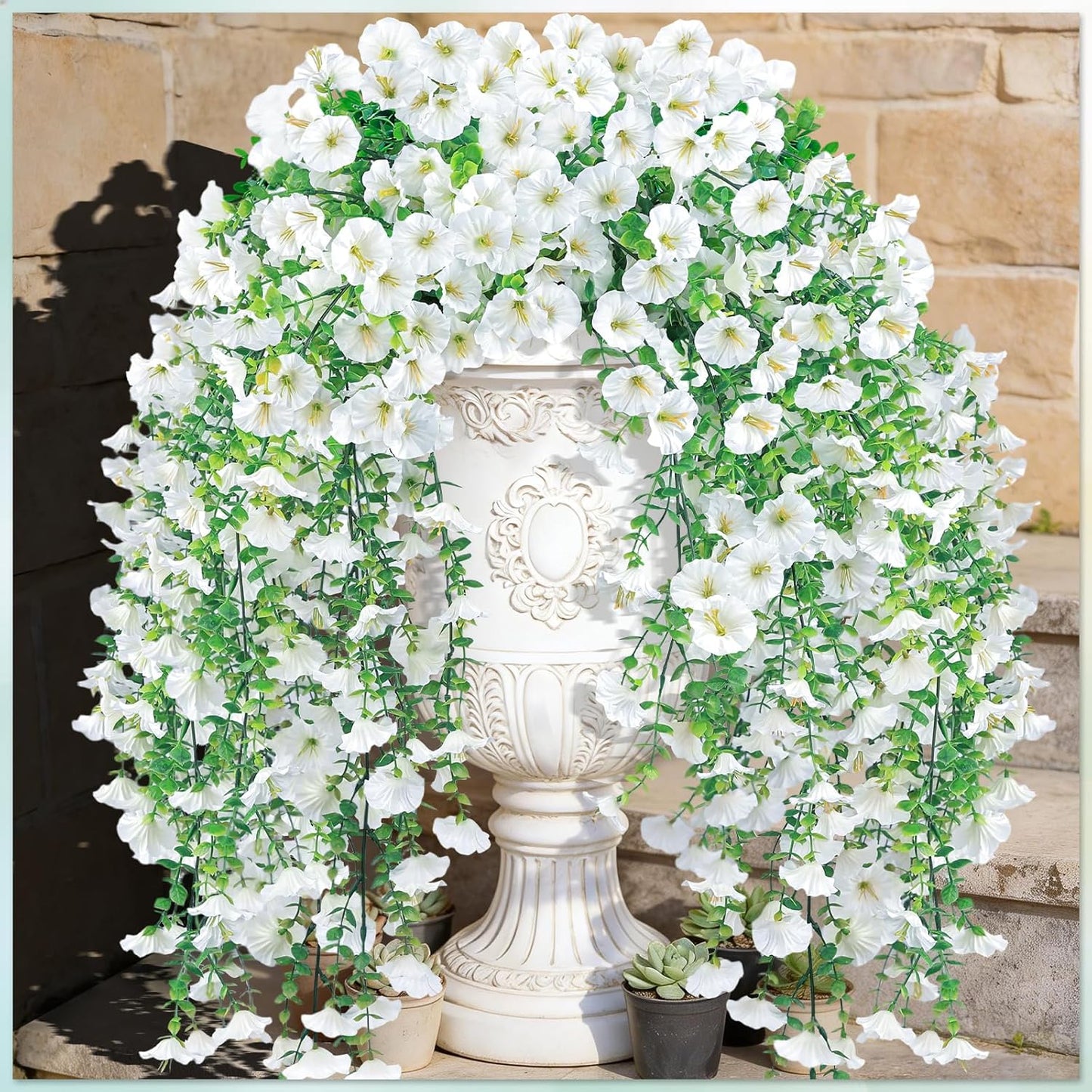 Artificial Hanging Flowers for Outdoors, 6Pcs UV Resistant Faux Silk Morning Glory Flowers, Artificial Fake Plants Trailing Vines for Porch Patio Balcony Yard Garden Farmhouse (White)