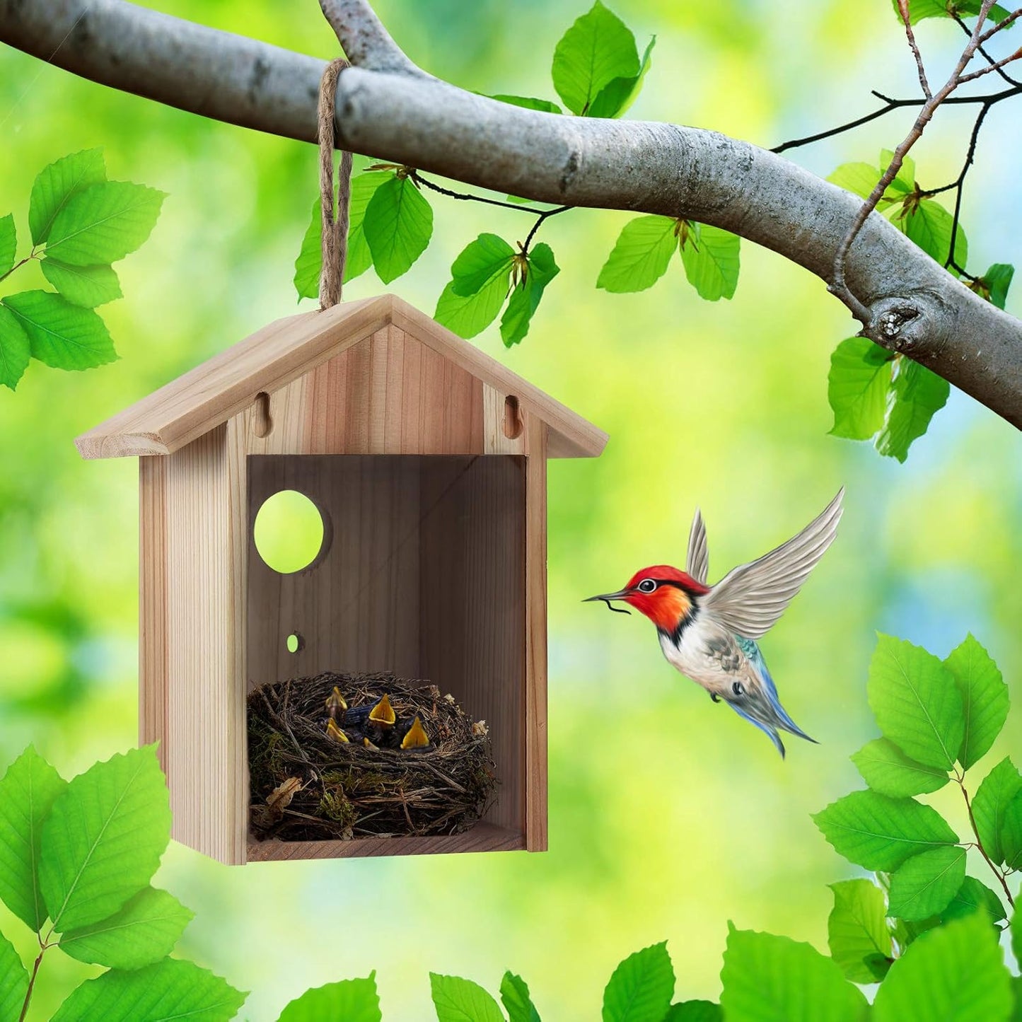 Window Bird House for Outside with Strong Suction Cup, Upgraded See Through Window Birdhouse for Viewing Inside, Wooden Bird Nesting Box for Bluebird Finch Chickadee Outdoors, Best Gift for Kids