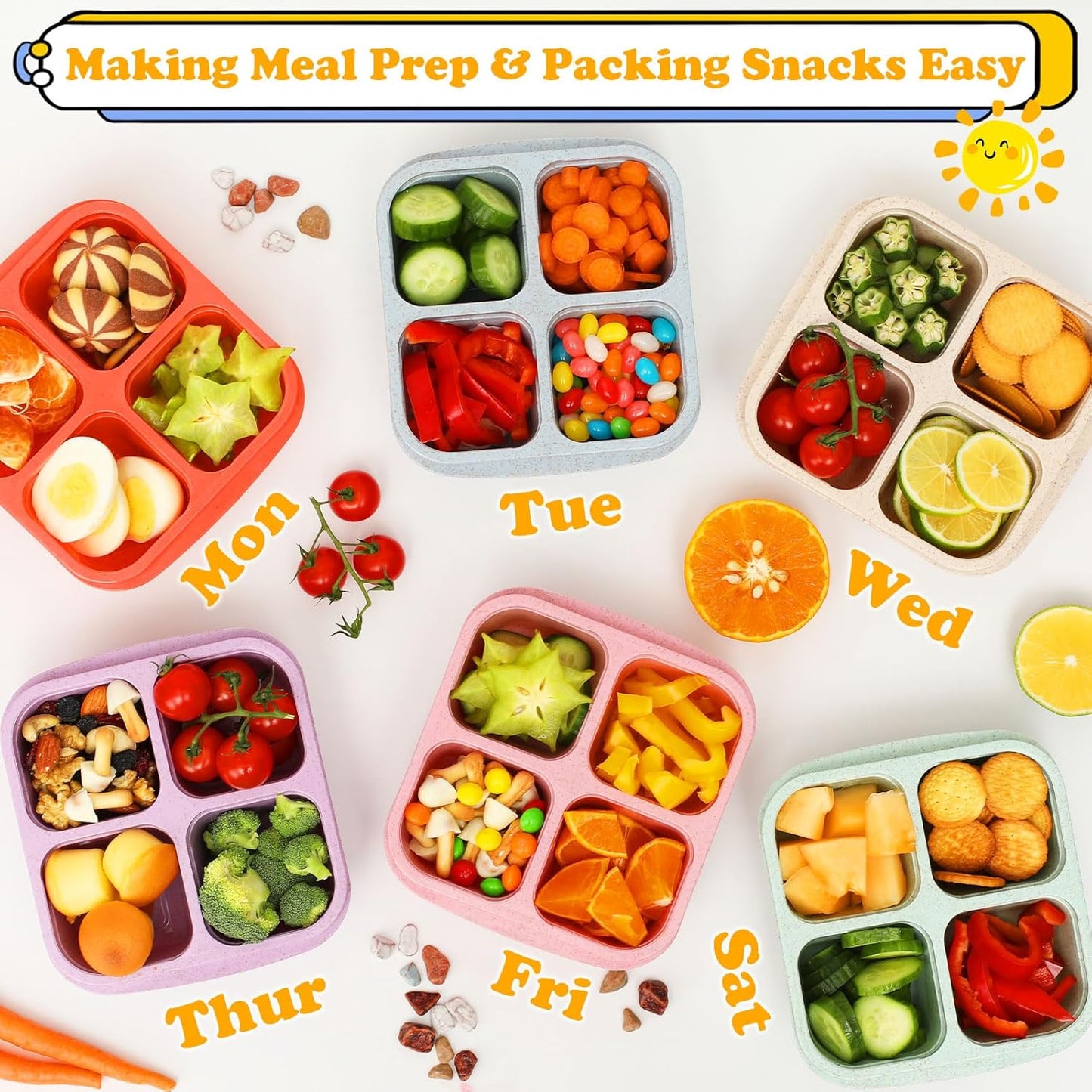 6 Pack Snack Containers, 4 Compartment Snack Box Containers Bento Box, Reusable Meal Prep Lunch Containers for Adults Kids Toddler, Divided Food Containers for Travel Work School