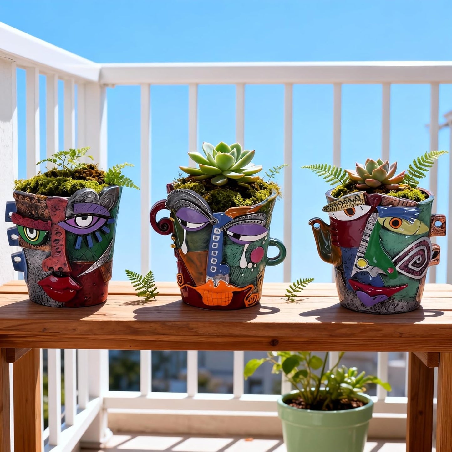 Mini Face Planters 3PC Set – Unique Resin Art Flower Pots for Succulents, Cacti & Small Plants – Decorative Funny Plant Pots for Indoor & Outdoor, Face Planter Gift, Picasso‑Inspired