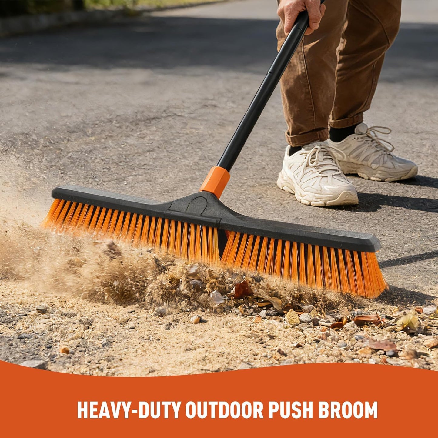 24”Push Broom Brush for Floor Cleaning with 65” Long Handle and Stiff Bristles, Heavy Duty Brush for Shop, Deck, Garage, Concrete,Indoor and Outdoor Broom,Orange