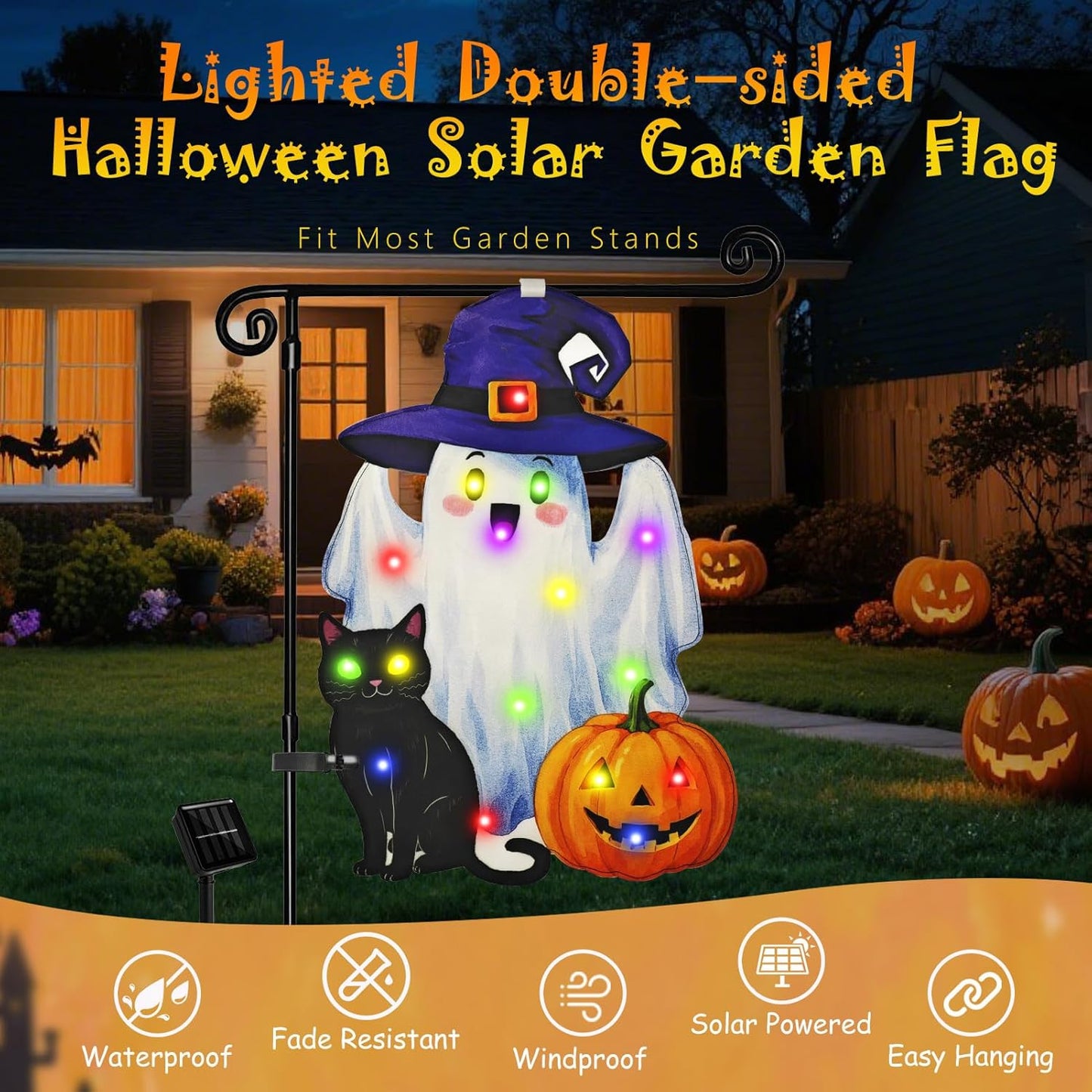 Lighted Shaped Halloween Garden Flags, 8 Modes Double-Sided Cute Solar Halloween Decorations Outdoor LED Flag, Yard Decorations for Patio Lawn Home Door Porch (Ghost Multicolor, 12x18)